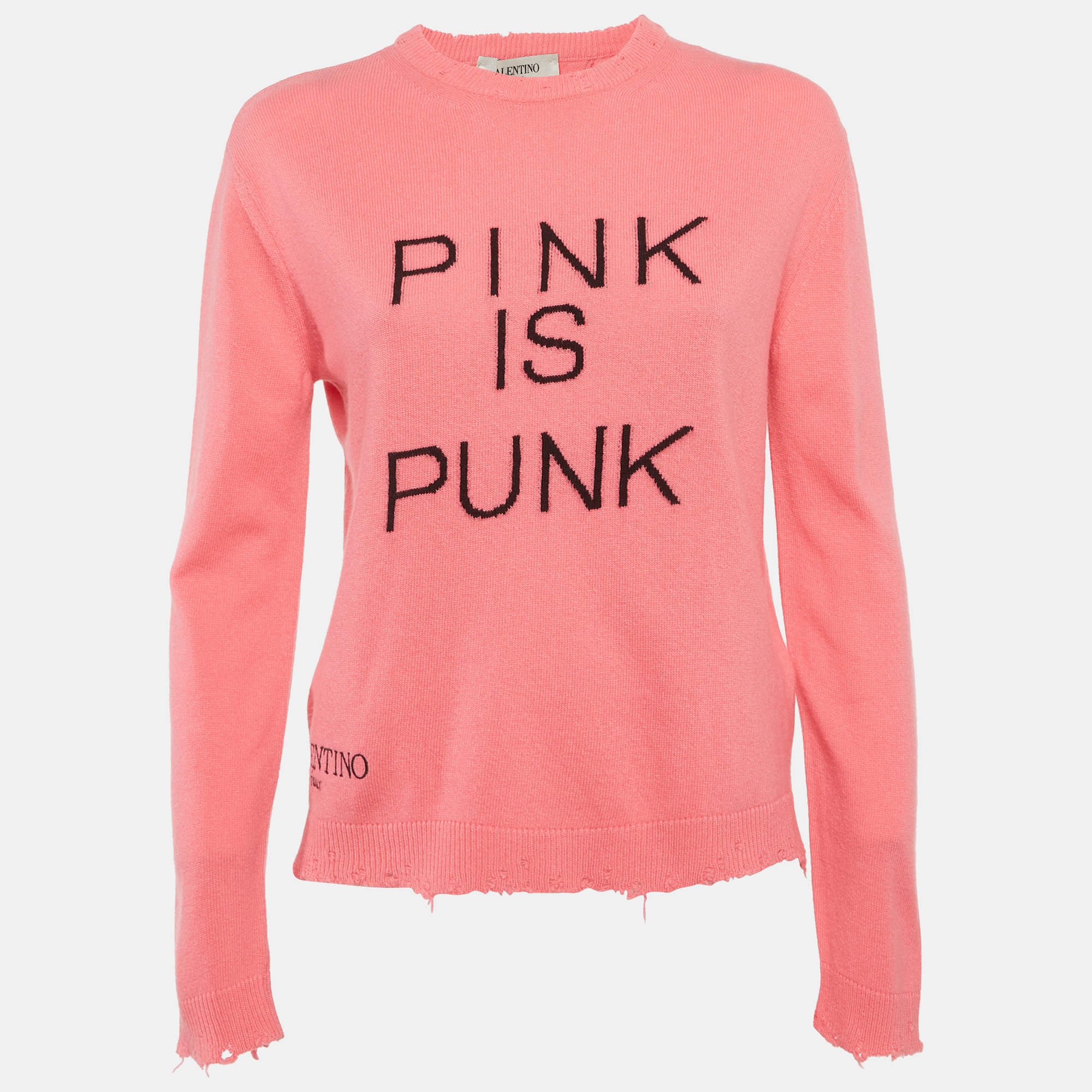 Valentino Pink Intarsia Wool Knit Distressed Sweater S