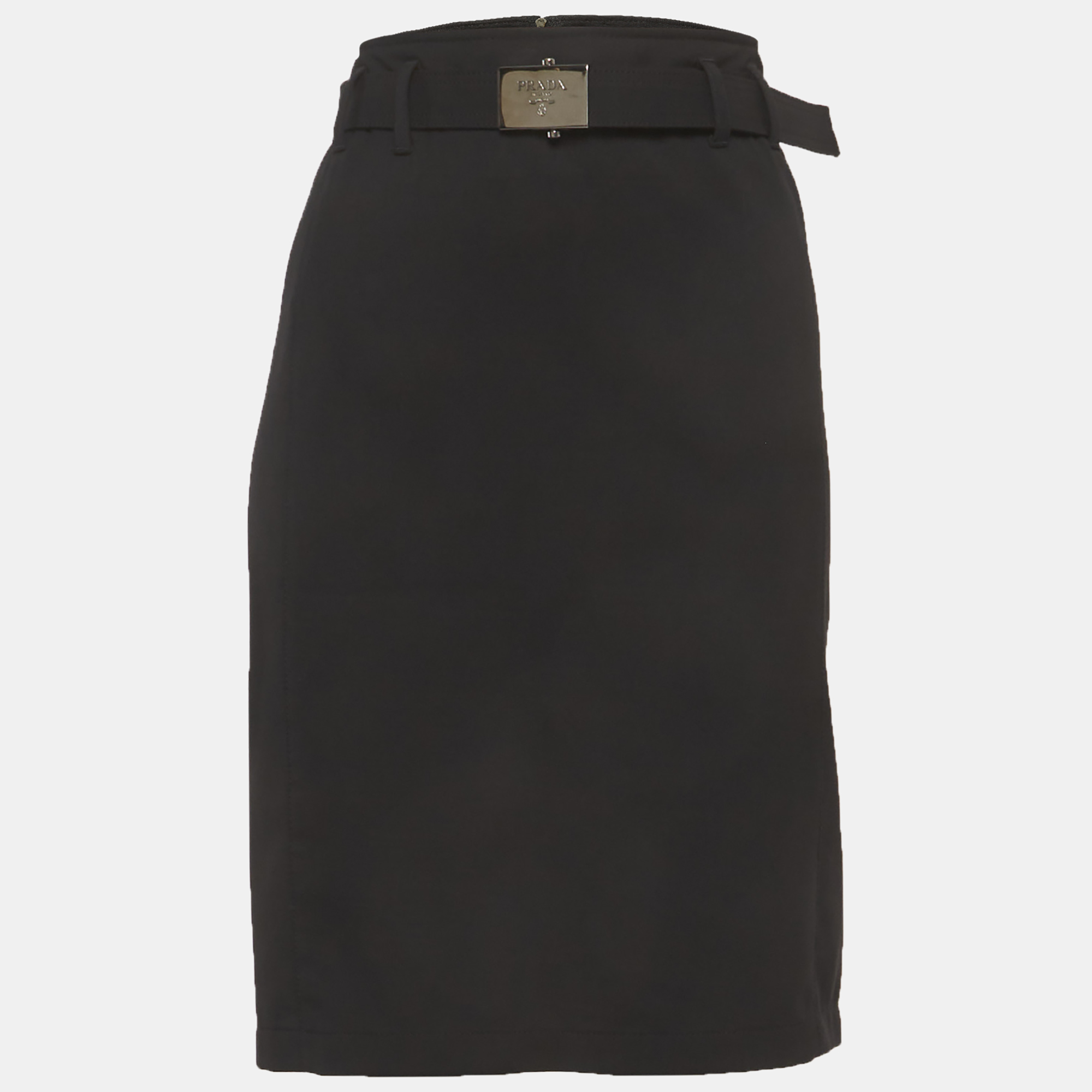 Prada Black Gabardine Belted Pencil Skirt M