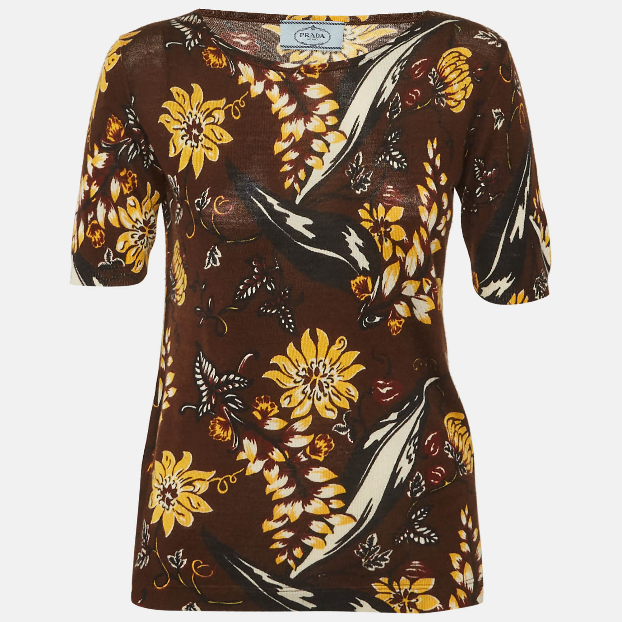 Prada Brown Floral Print Wool Knit Top S