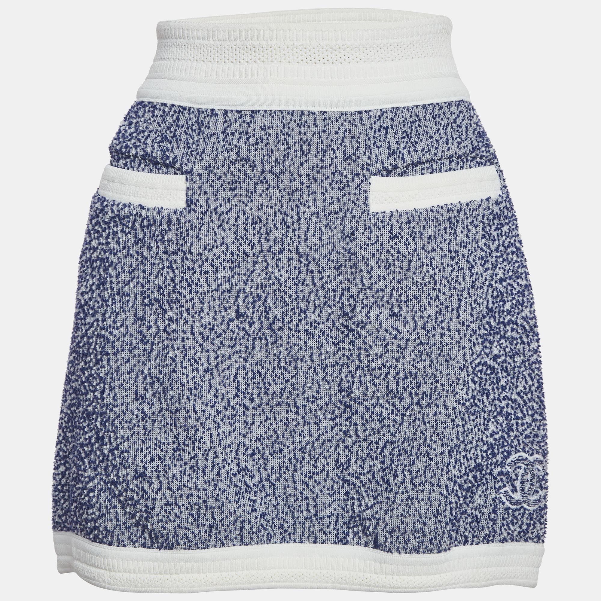Chanel Blue Textured Knit CC Applique Mini Skirt M