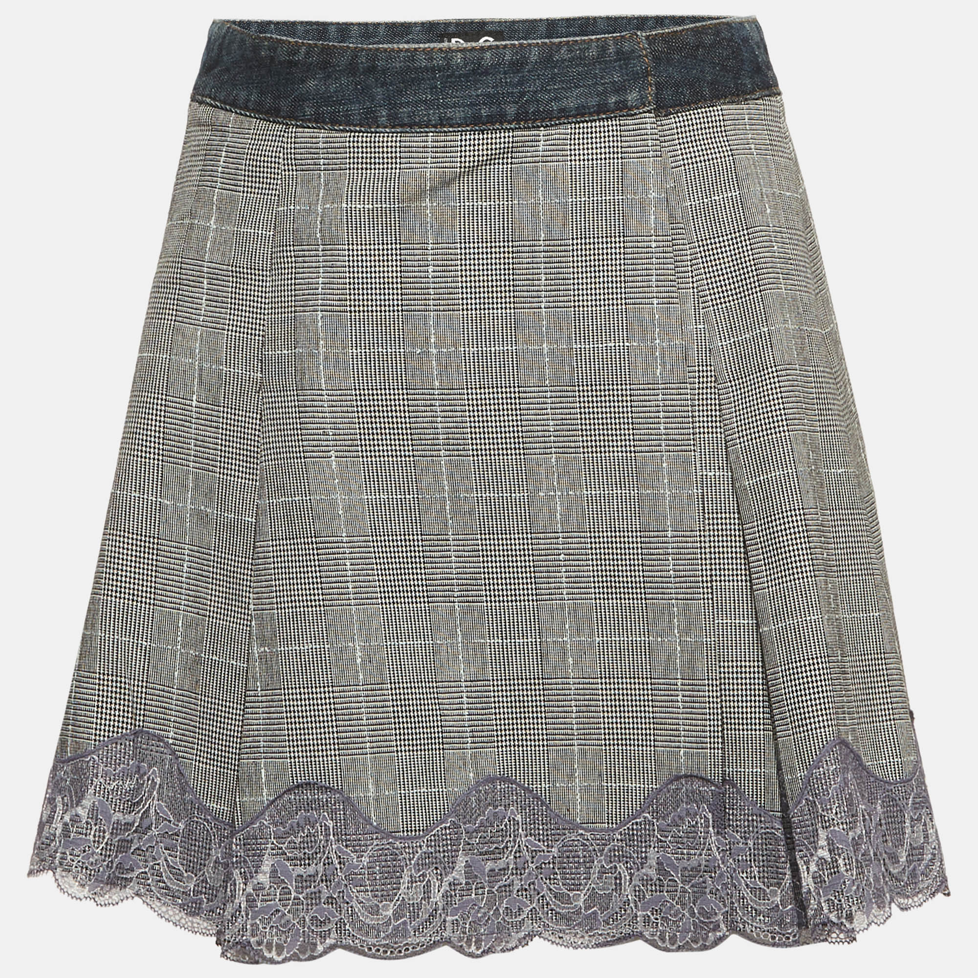 D&G Blue/Monochrome Plaid Denim Lace Detail Wrap Skirt S