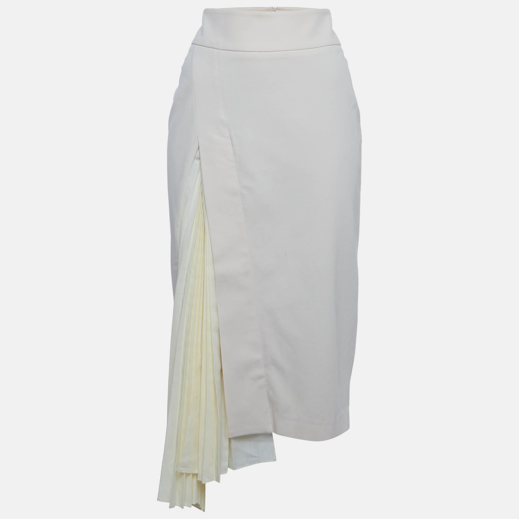 Brunello Cucinelli Cream Twill and Cotton Pleat Detail Midi Skirt M