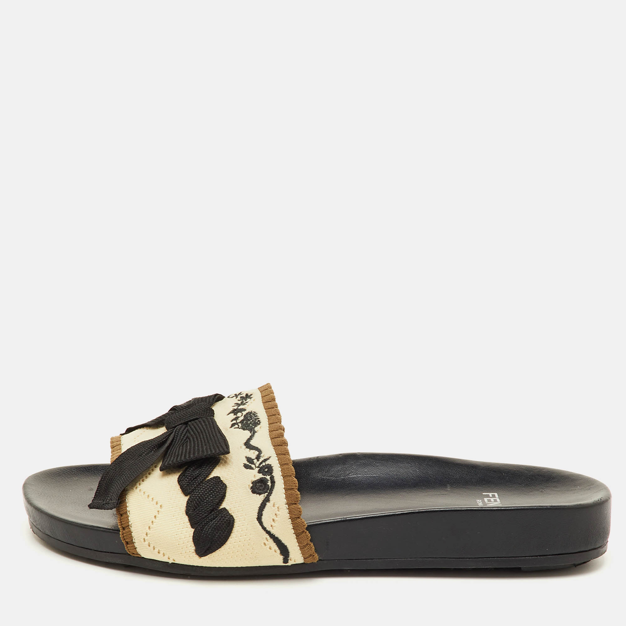 Fendi Size 37 Beige/Black Knit Fabric Bow-Tie Flat Slide Sandals