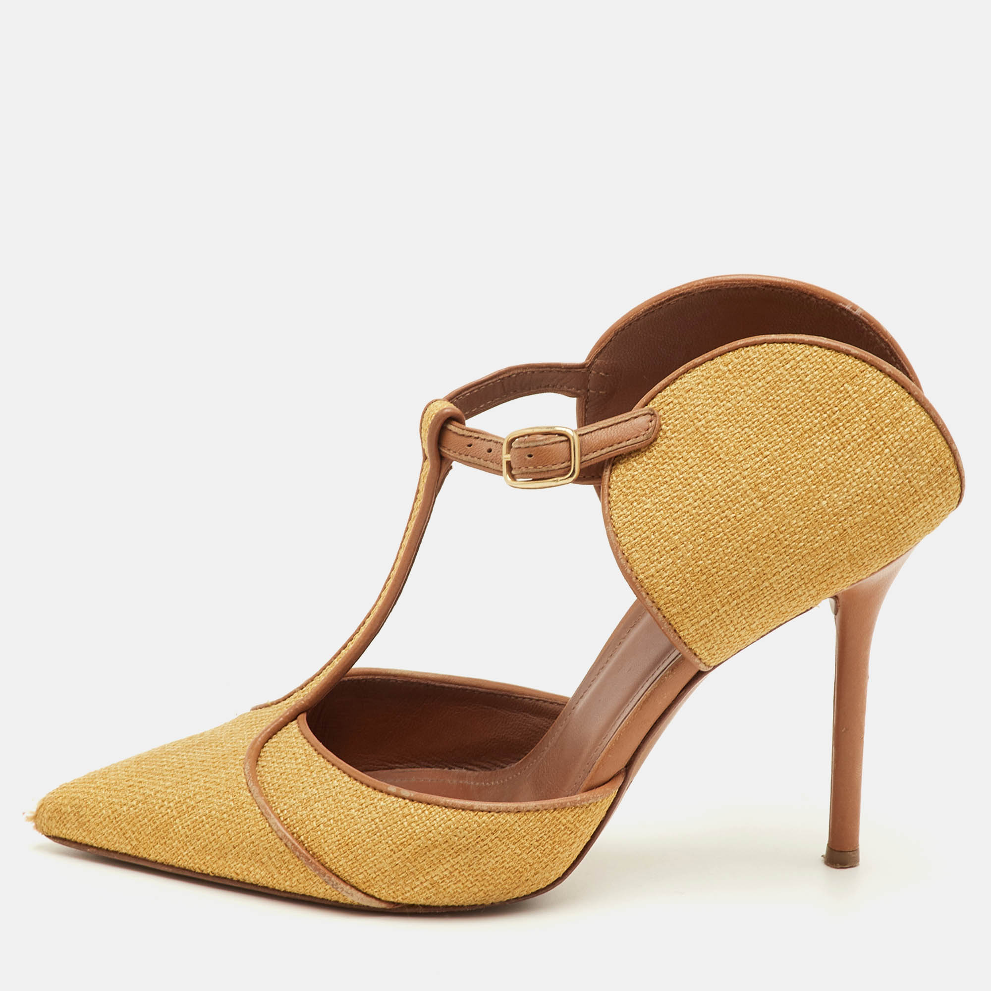 Malone Souliers Imogen Size 36.5 Yellow/Brown Canvas and Leather Pointed Toe Mules