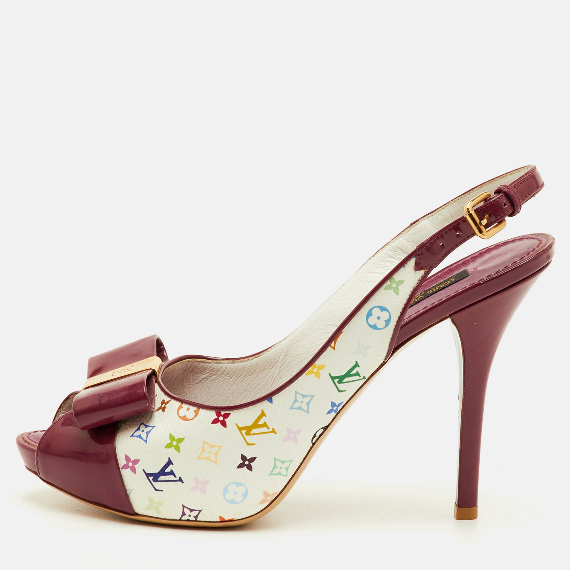 Louis Vuitton Shirley Bow Size 38 Multicolore Monogram Canvas and Patent Leather Slingback Sandals