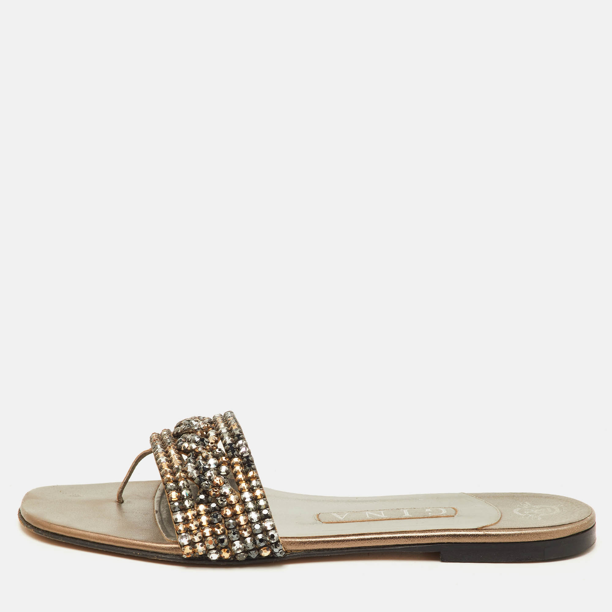 Gina Aurora Thong Size 37.5 Silver Leather Crystal Embellished Flat Sandals
