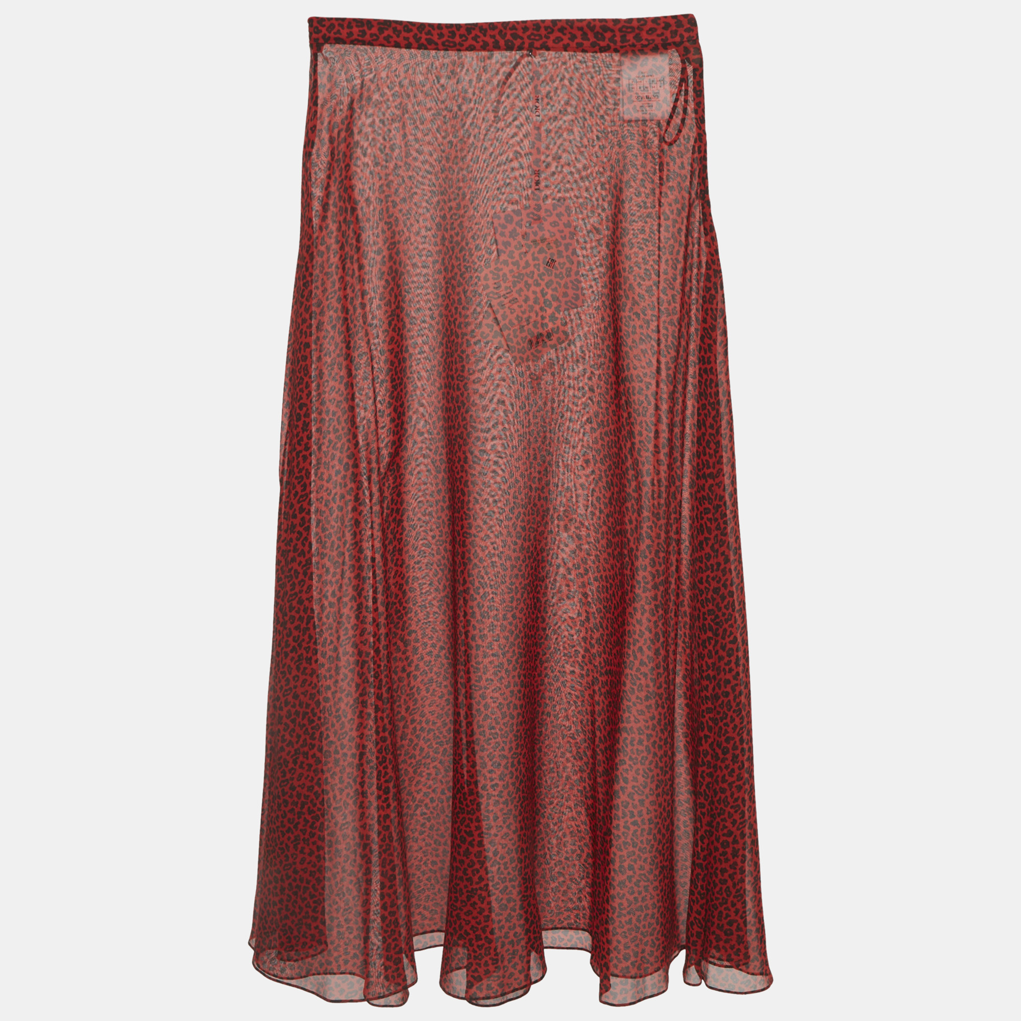 Christian Dior Red Leopard Print Silk Flared Midi Skirt S