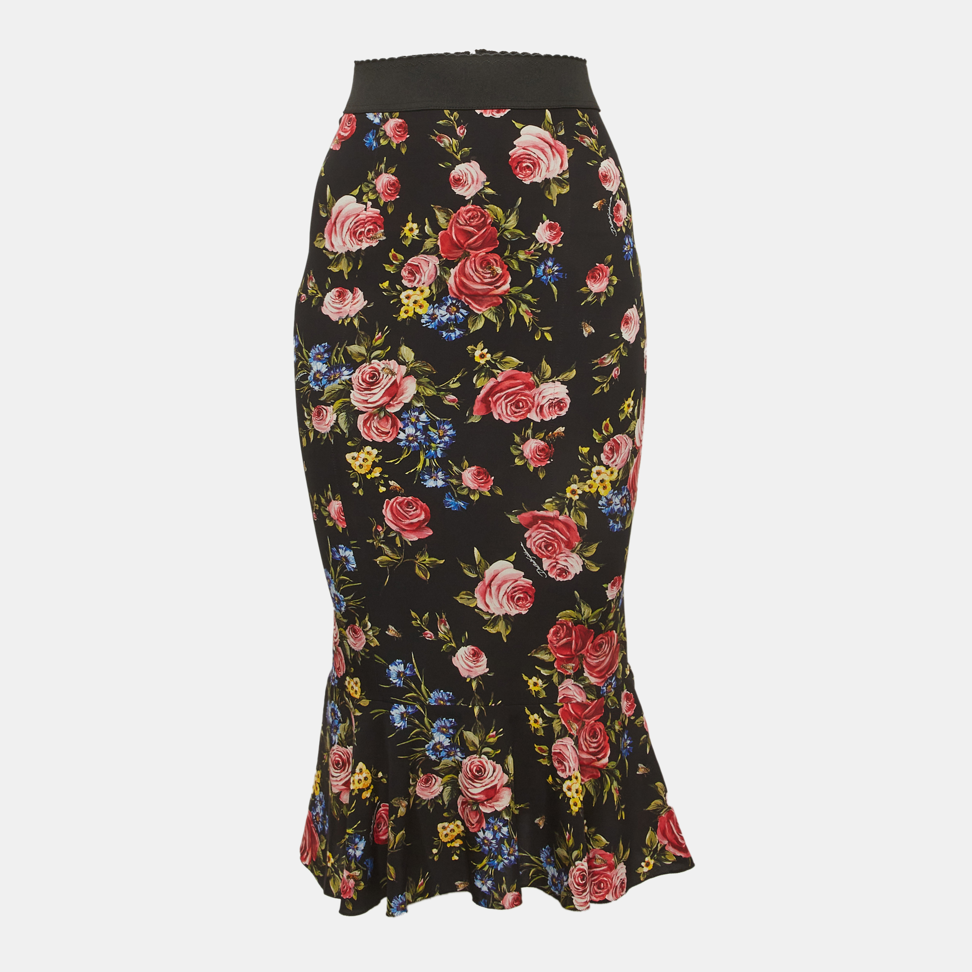 Dolce & Gabbana Black Floral Printed Silk Mini Skirt S