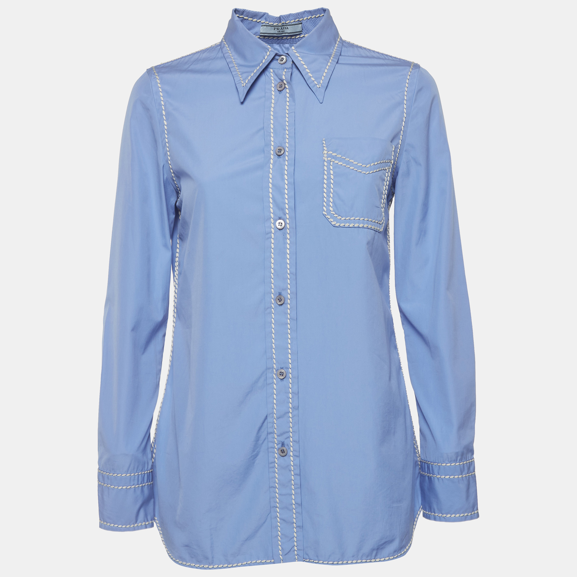 Prada Blue Cotton Contrast Embroidered Long Sleeve Shirt M