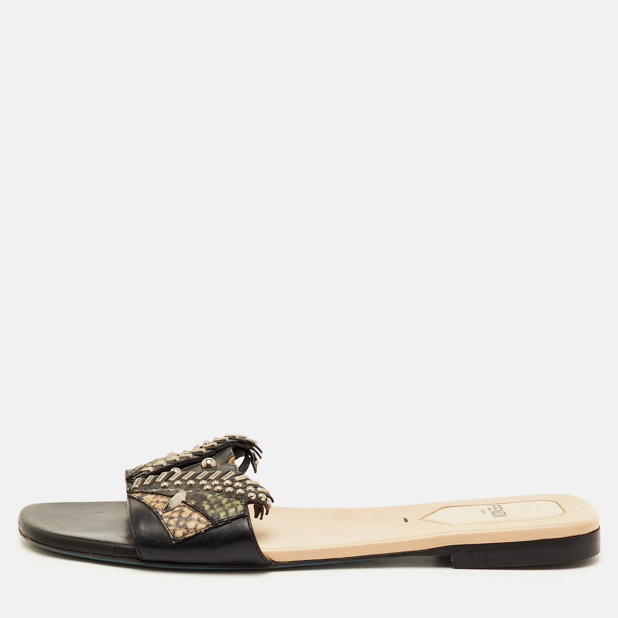 Fendi Size 38 Black Leather and Python Embossed Studded Flat Sandals
