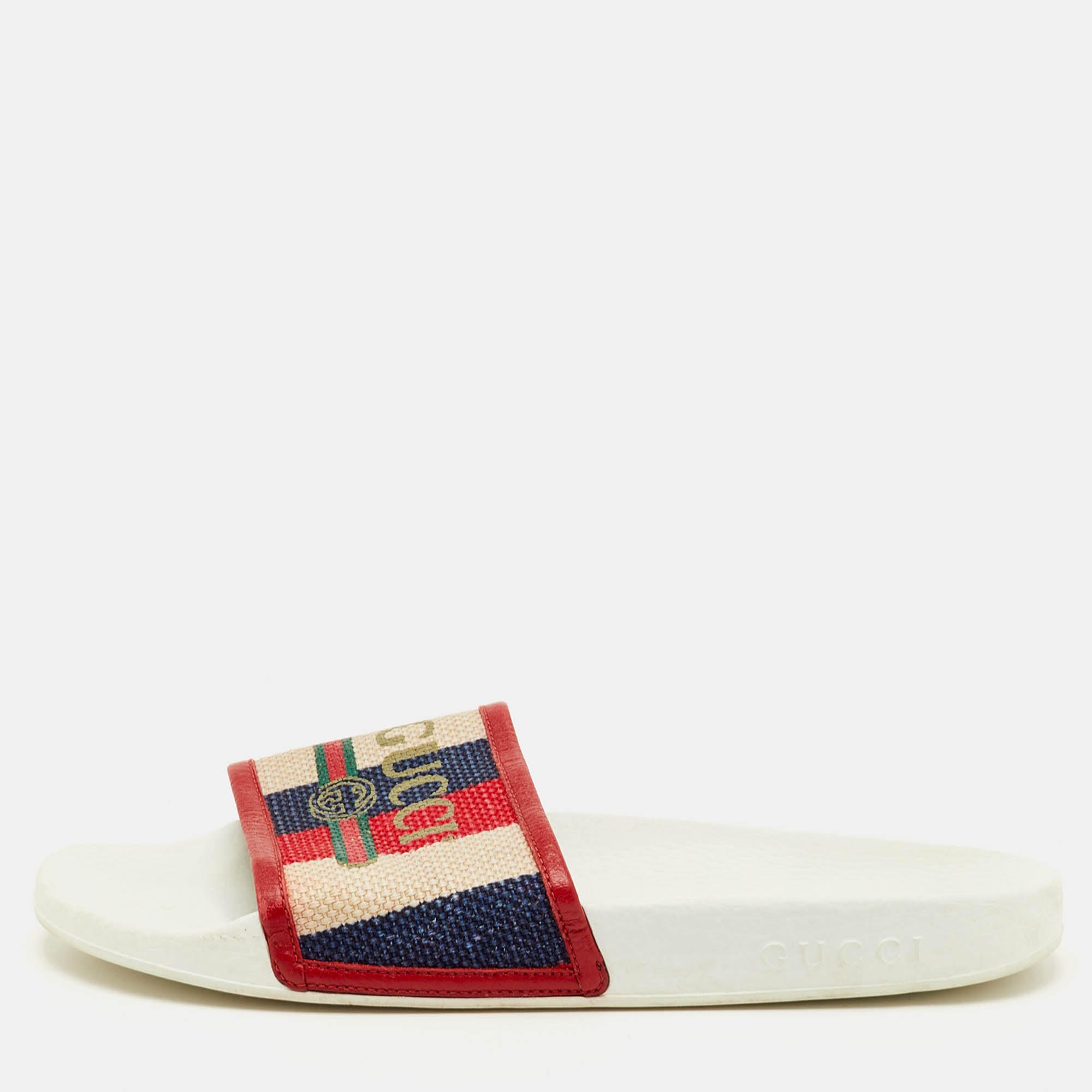 Gucci Size 39 Red Canvas and Leather Logo Pool Slide Sandals