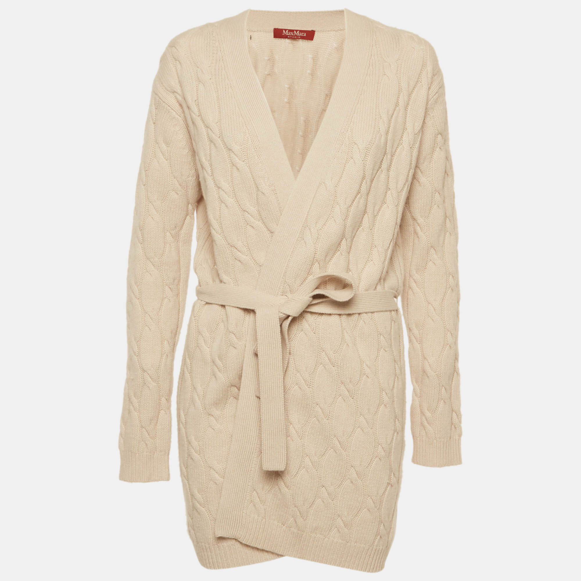 Max Mara Studio Beige Cable Knit Belted Cardigan L