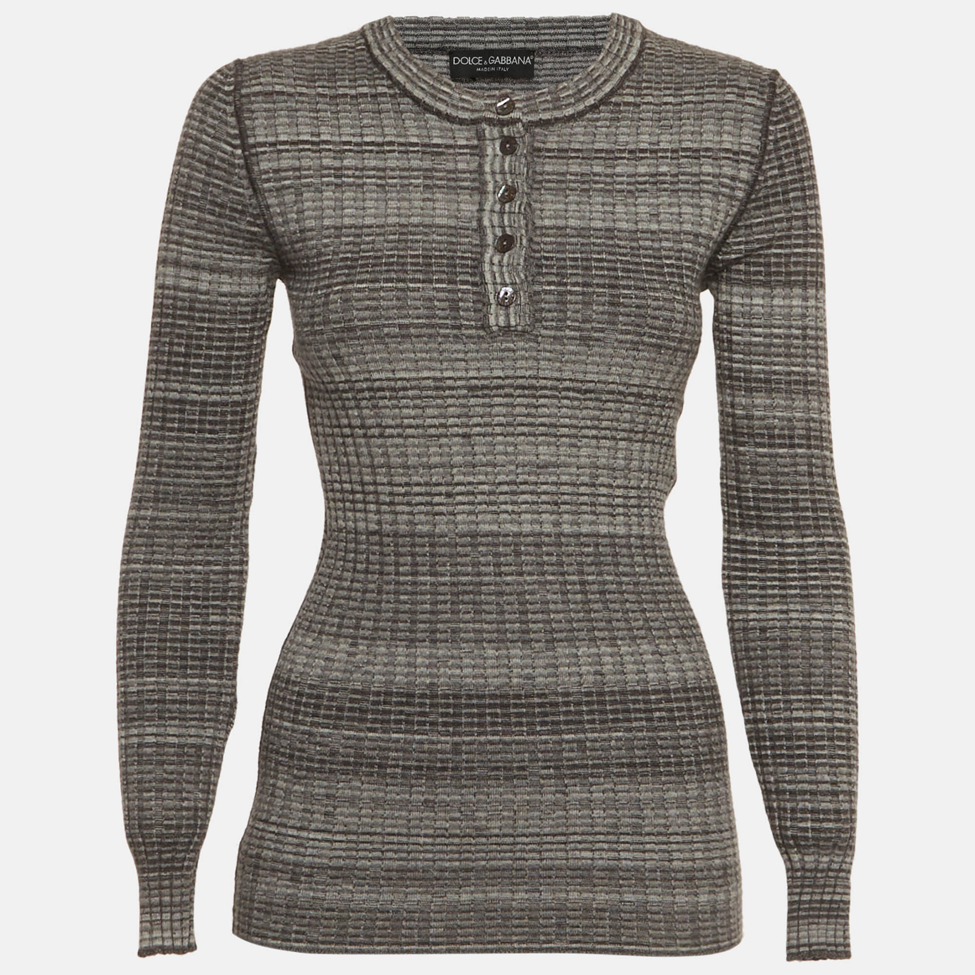 Dolce & Gabbana Grey Rib Knit Henley Neck Jumper S