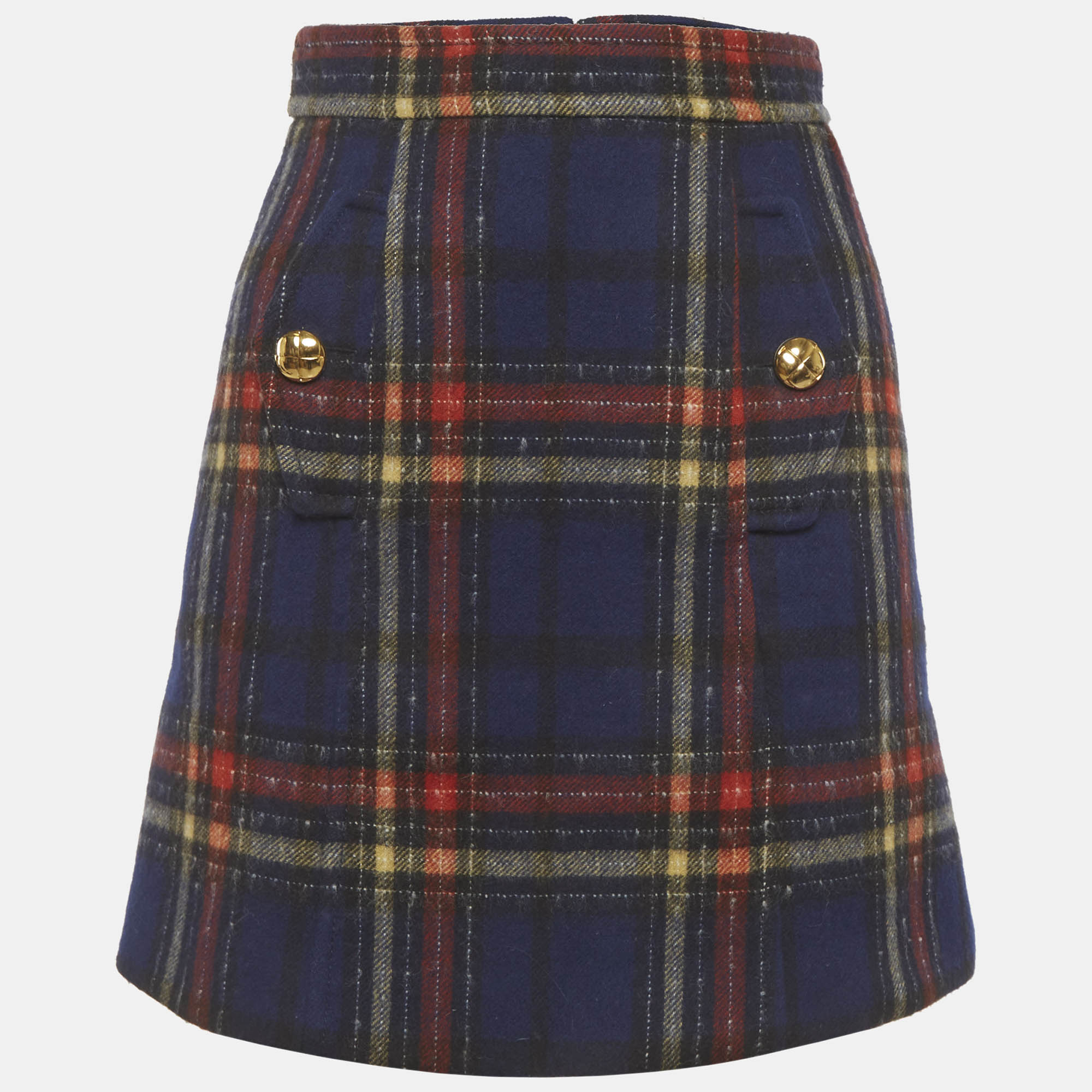 Miu Miu Navy Blue/Red Plaid Wool Mini Skirt XS