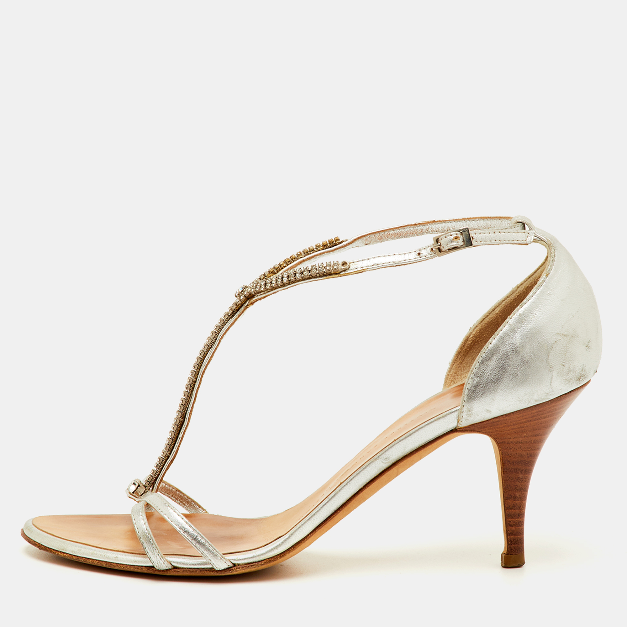 Giuseppe Zanotti Size 38.5 Silver Leather Crystal Embellished T-Strap Sandals