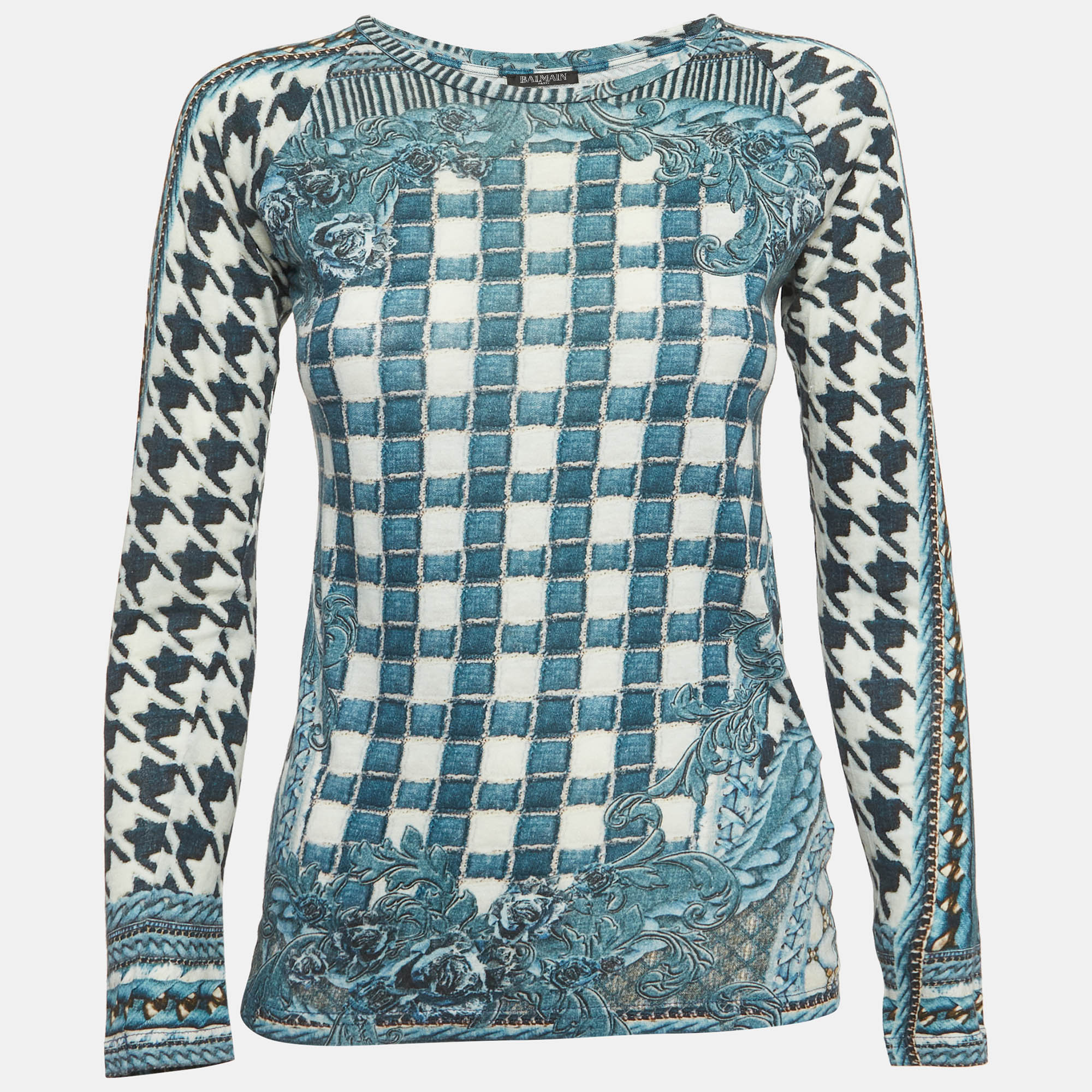 Balmain Blue Printed Jersey Top S