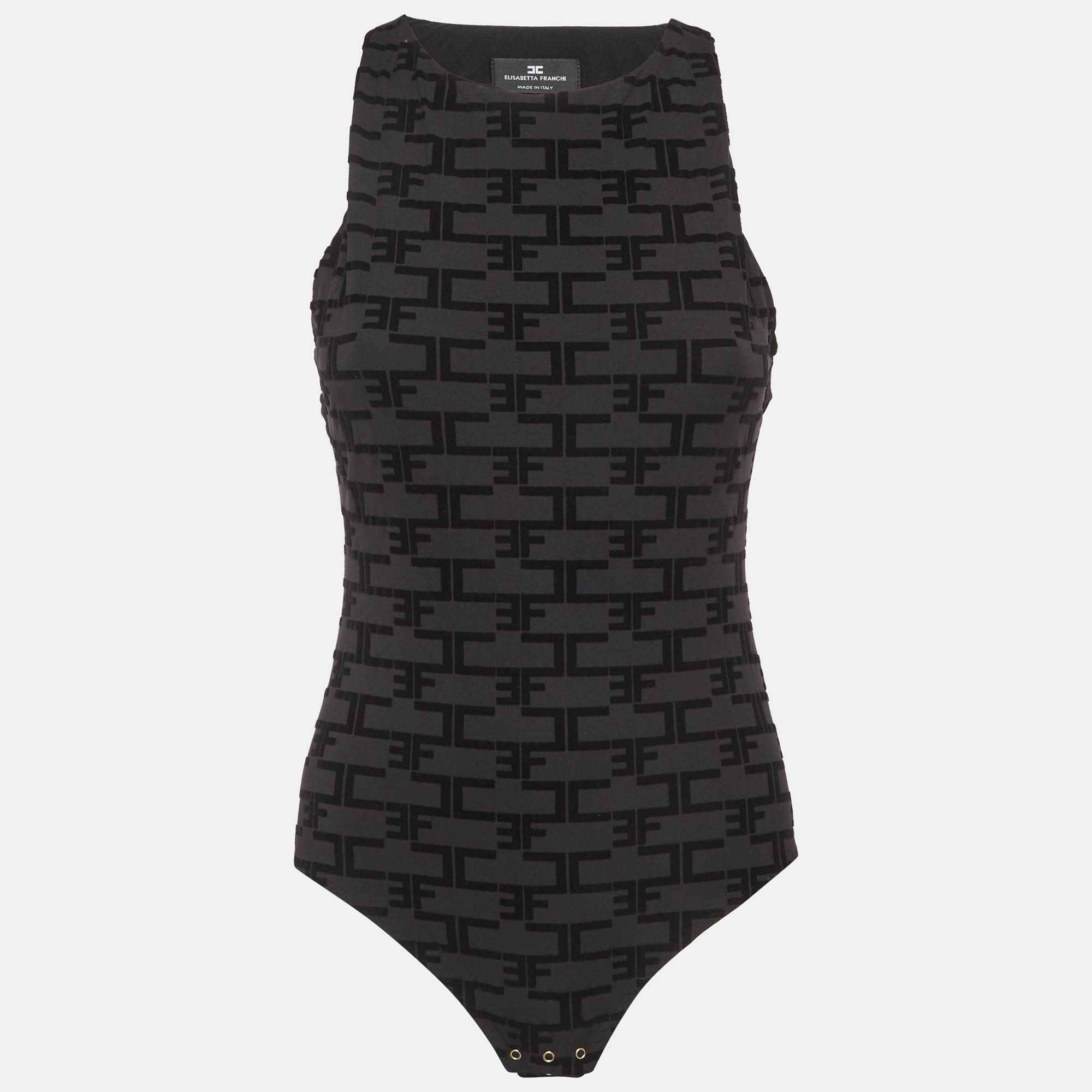 Elisabetta Franchi Black Logo Flocked Stretch Knit Tank Bodysuit L