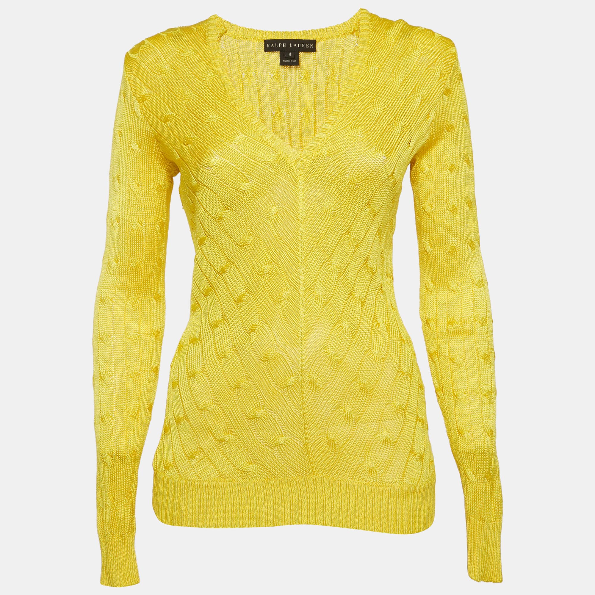 Ralph Lauren Yellow Cable Knit Silk V-Neck Sweater M