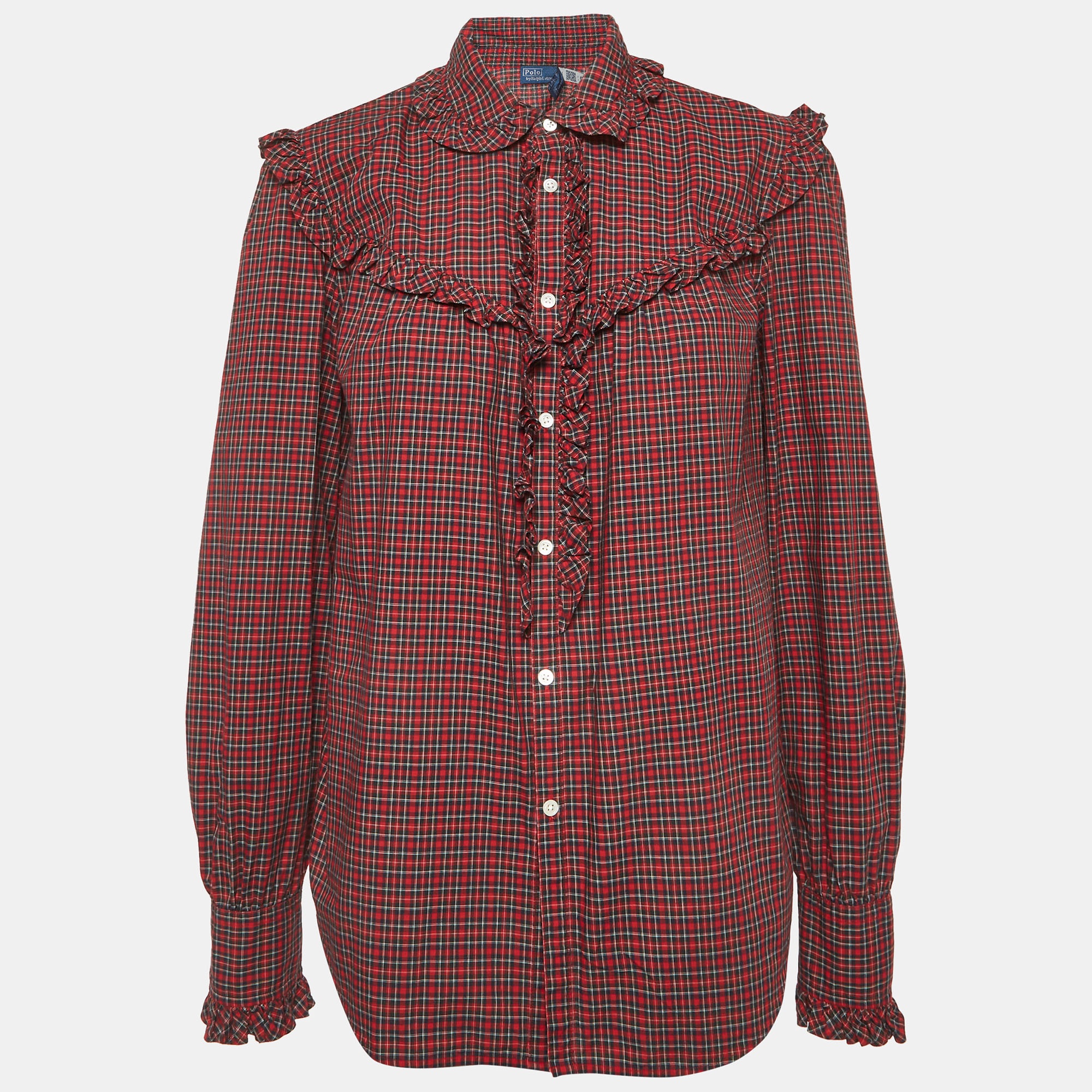 Polo Ralph Lauren Red Plaid Cotton Ruffle Trim Shirt M