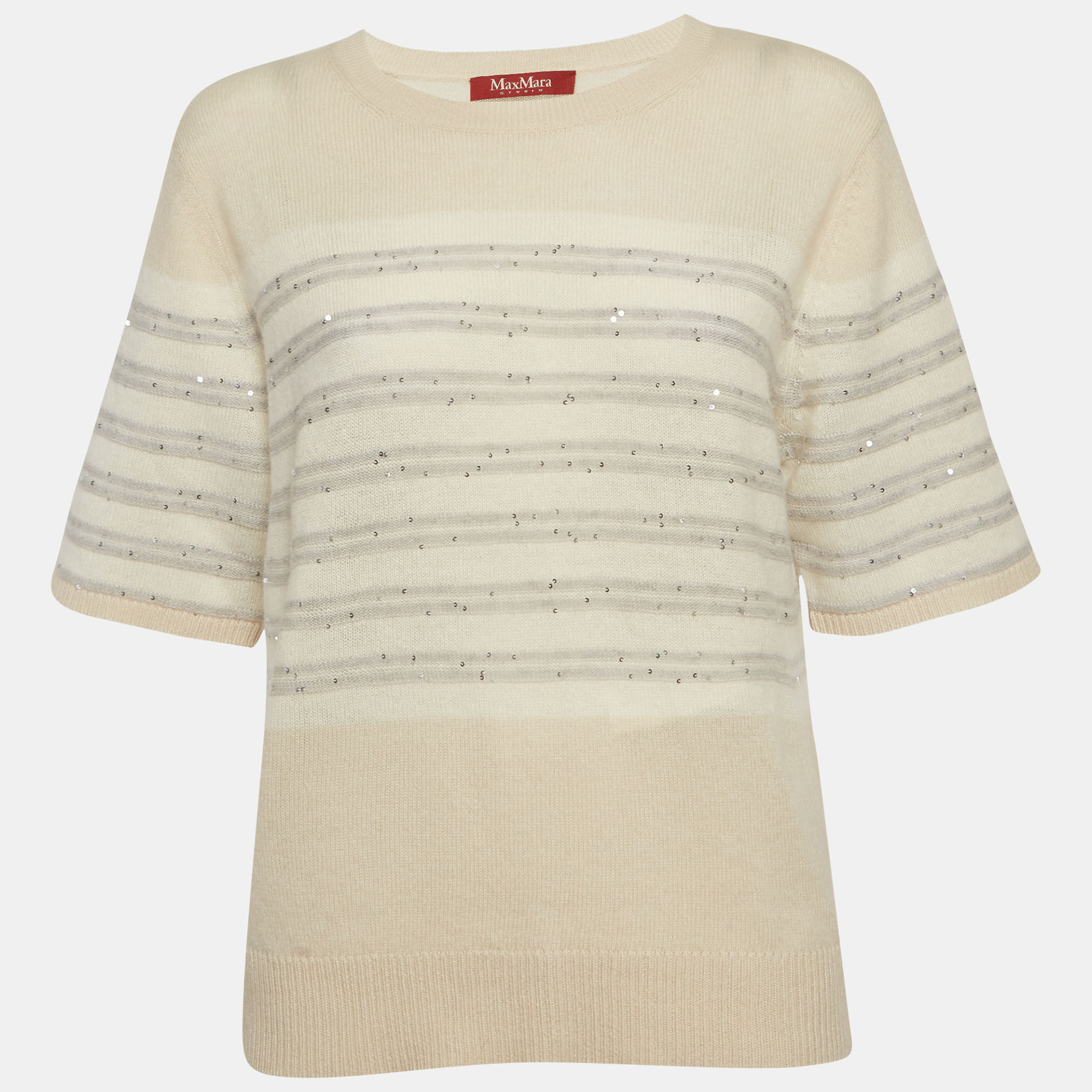 Max Mara Studio Beige Sequin Striped Wool Knit Top XL
