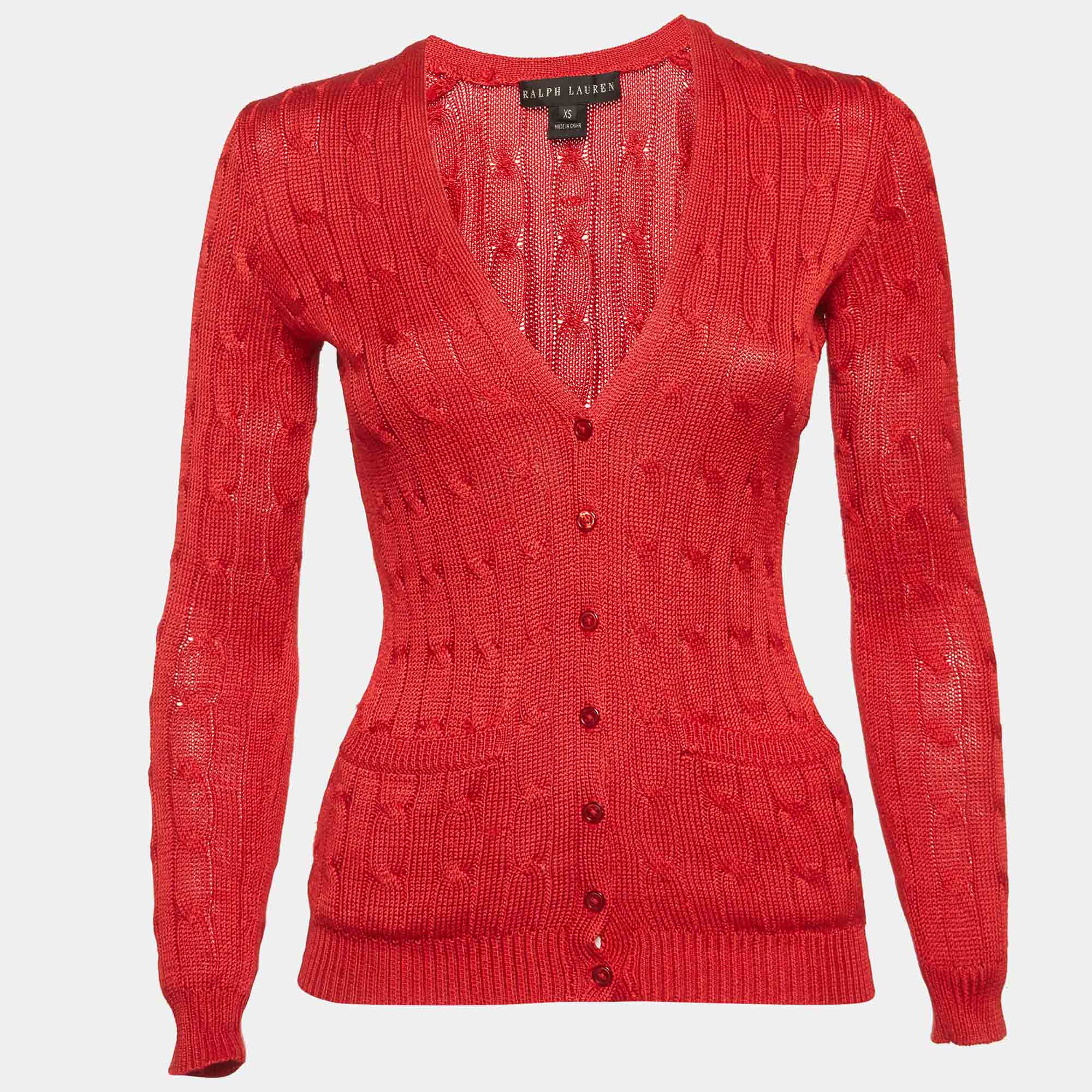 Ralph Lauren Red Silk Knit Buttoned Cardigan XS