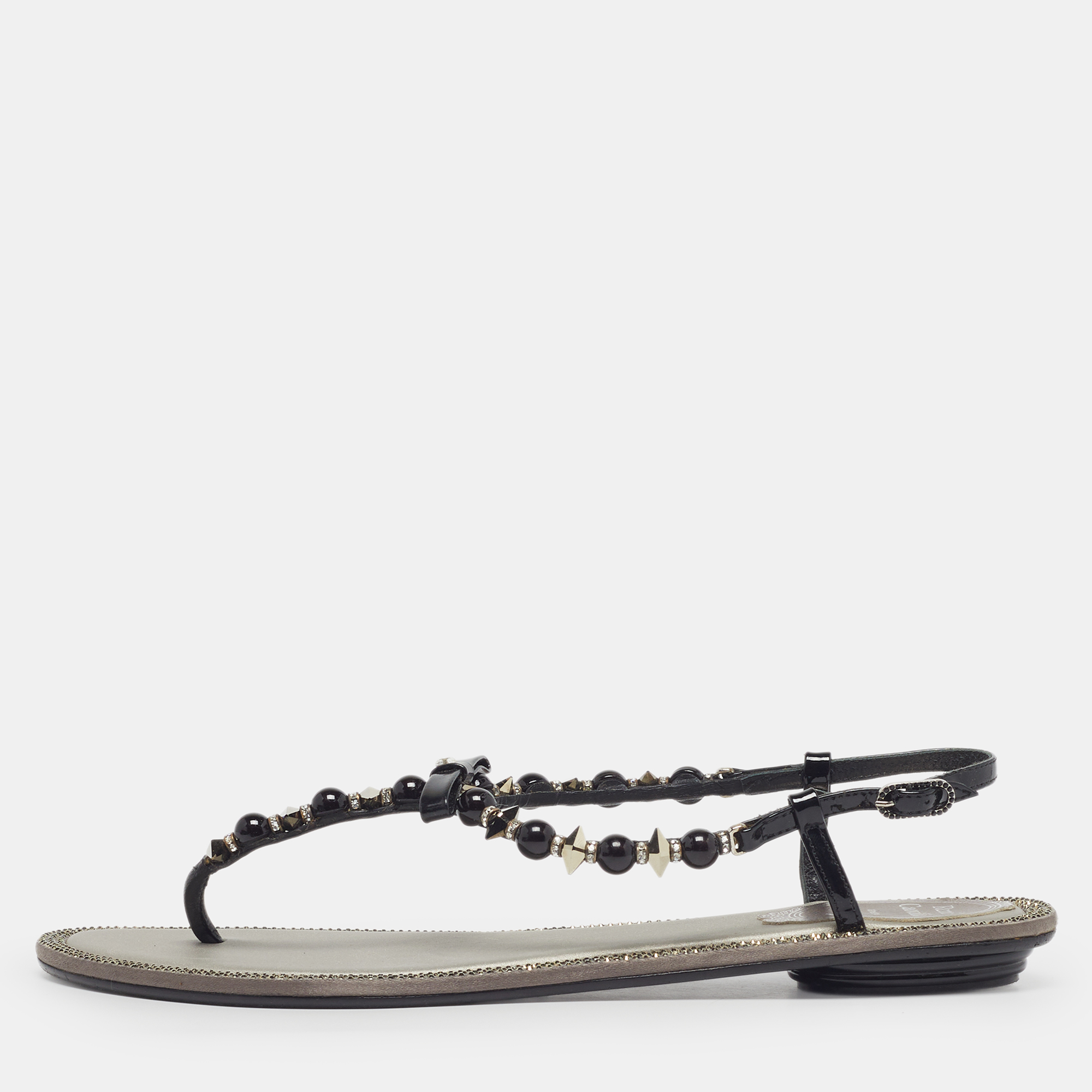Ren&eacute; Caovilla Size 38.5 Black Patent Leather Crystal Embellished Thong Sandals René Caovilla