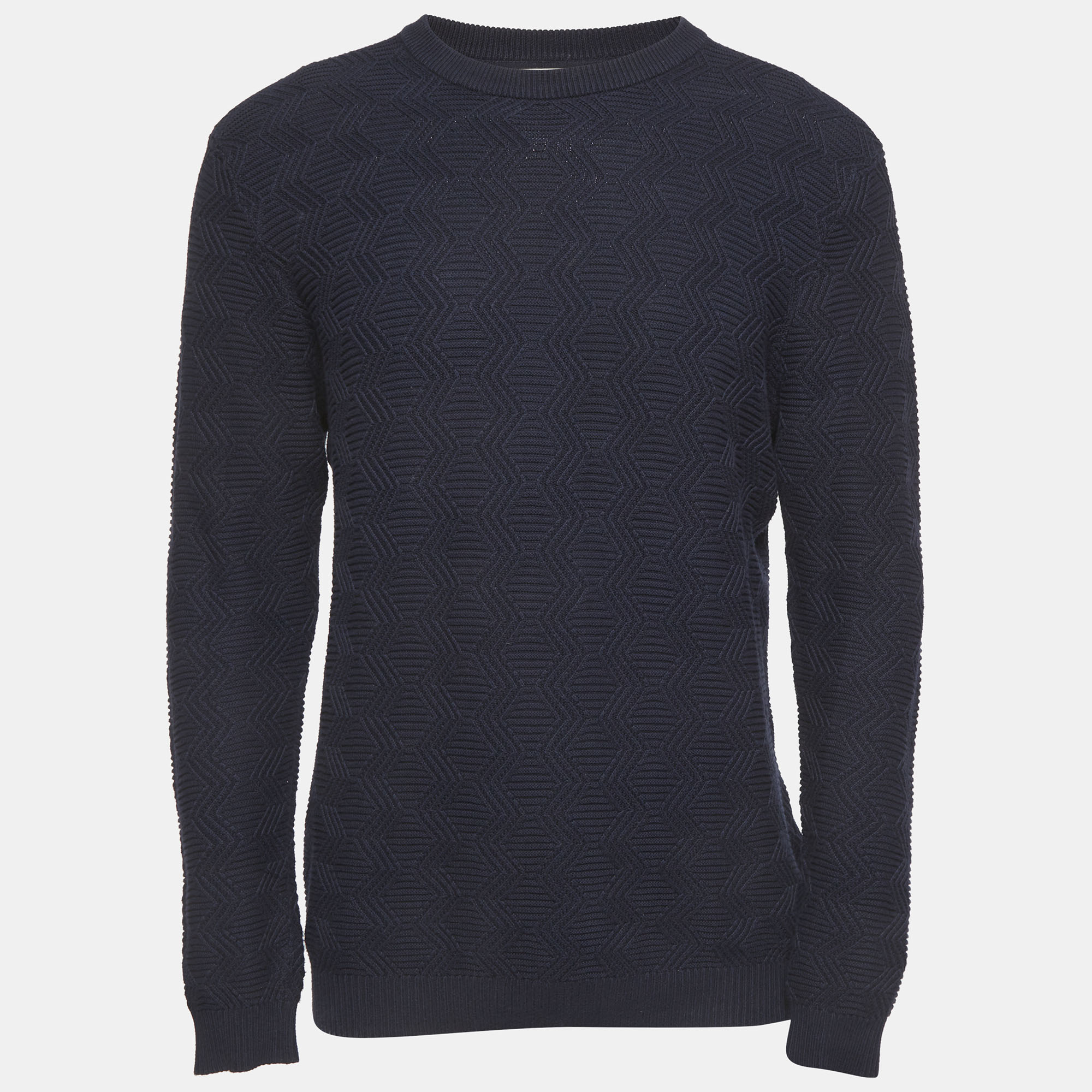 Reiss Navy Blue Textured Knit Crewneck Sweater L