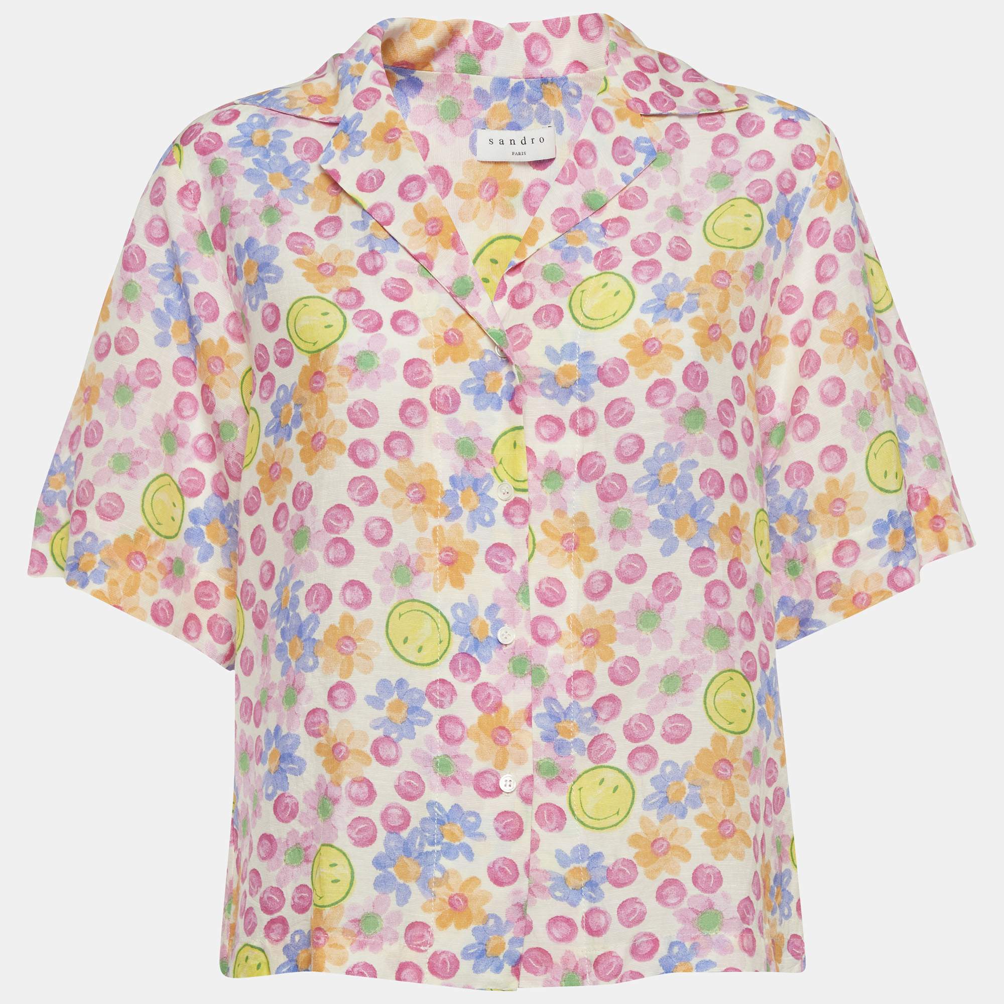 Sandro x Smiley Pink Floral Print Linen Blend Shirt M