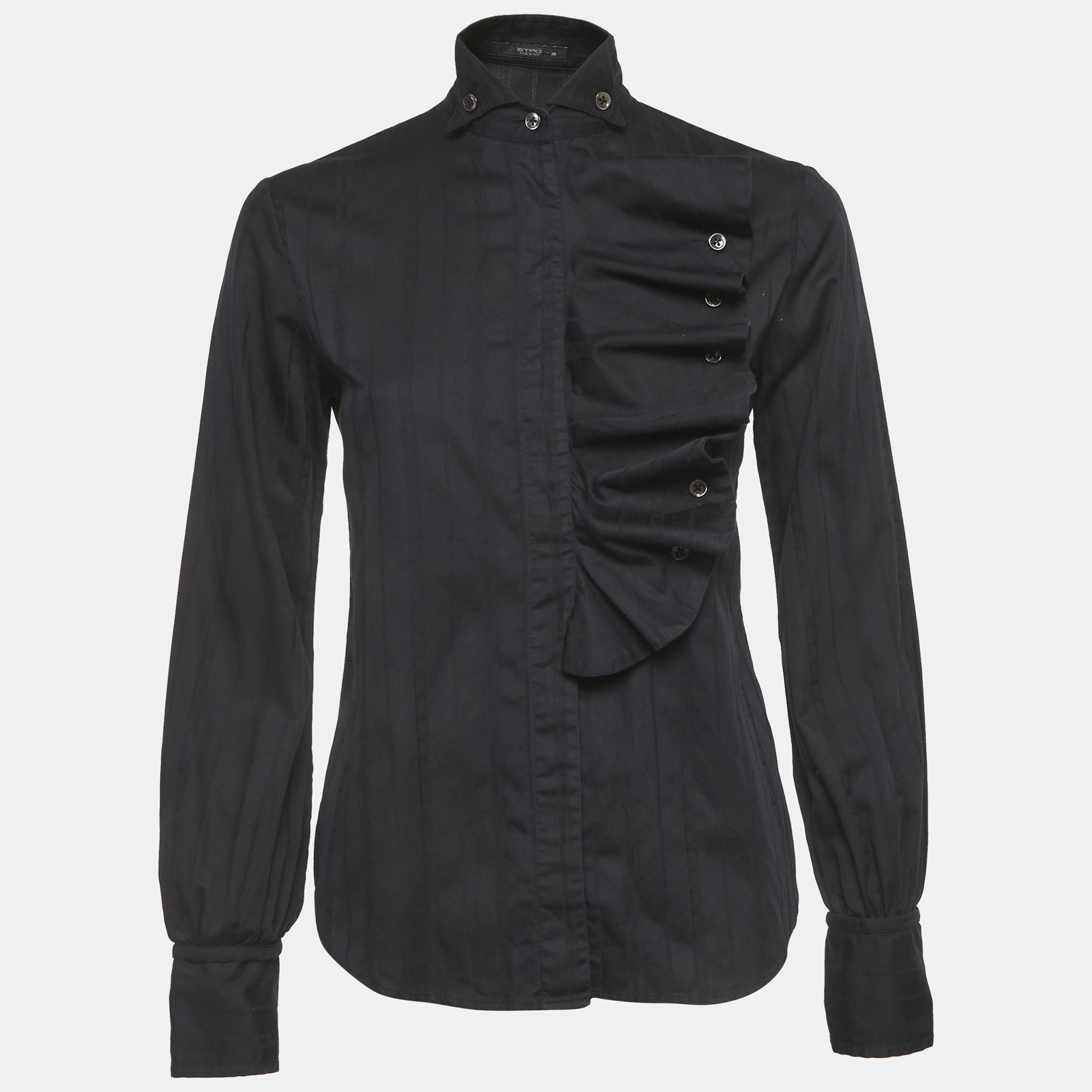 Etro Black Striped Textured Cotton Ruffle Shirt S