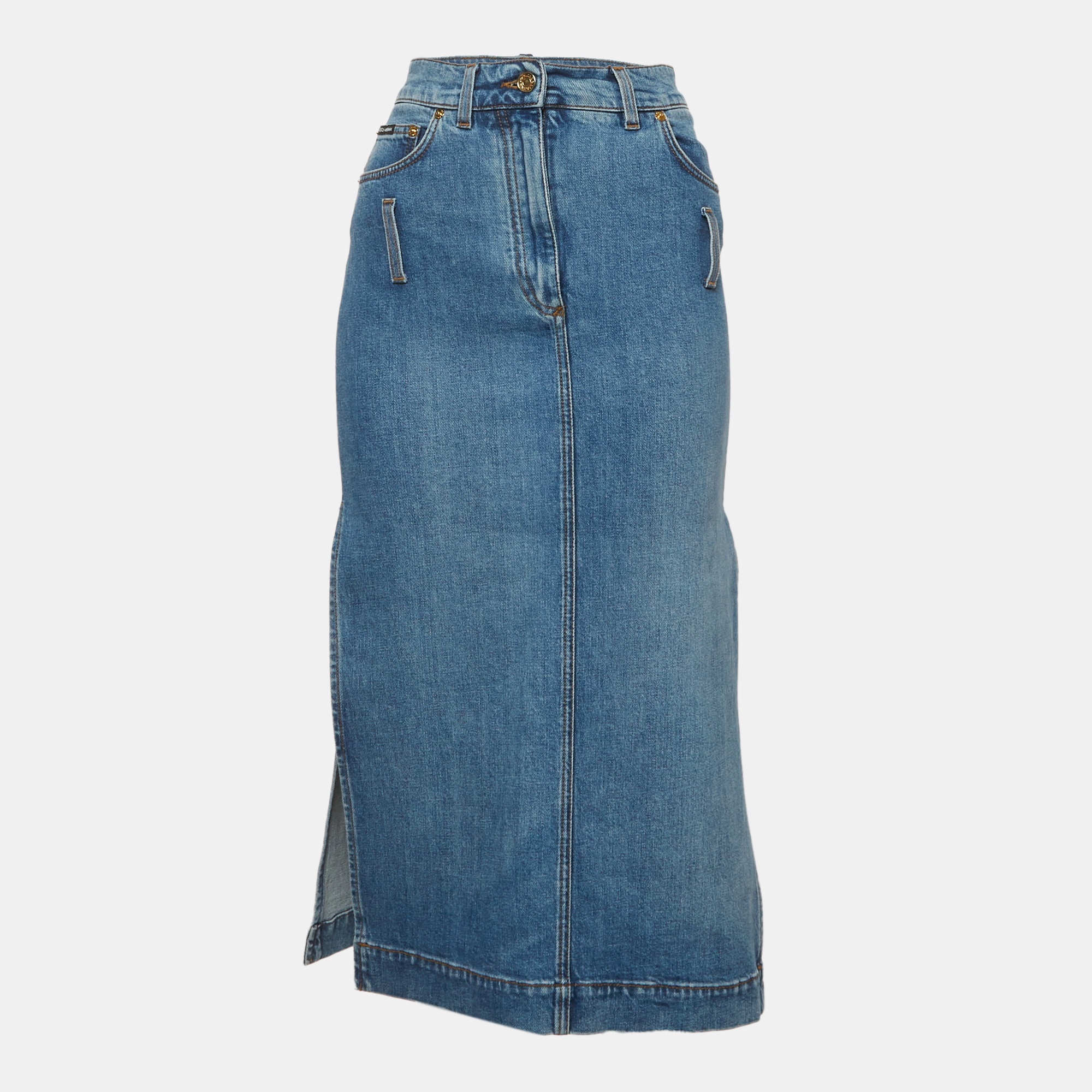 Dolce & Gabbana Blue Denim Side Slit Detail Midi Skirt S