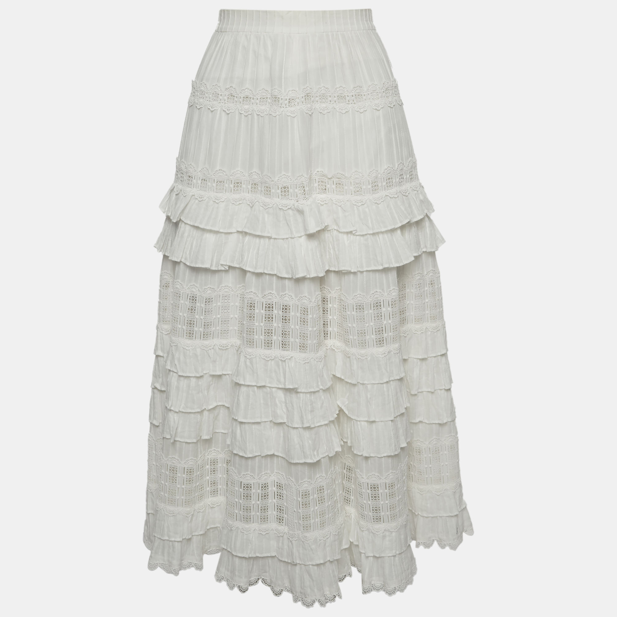 Zimmermann White Cotton Lace Ruffled Midi Skirt M