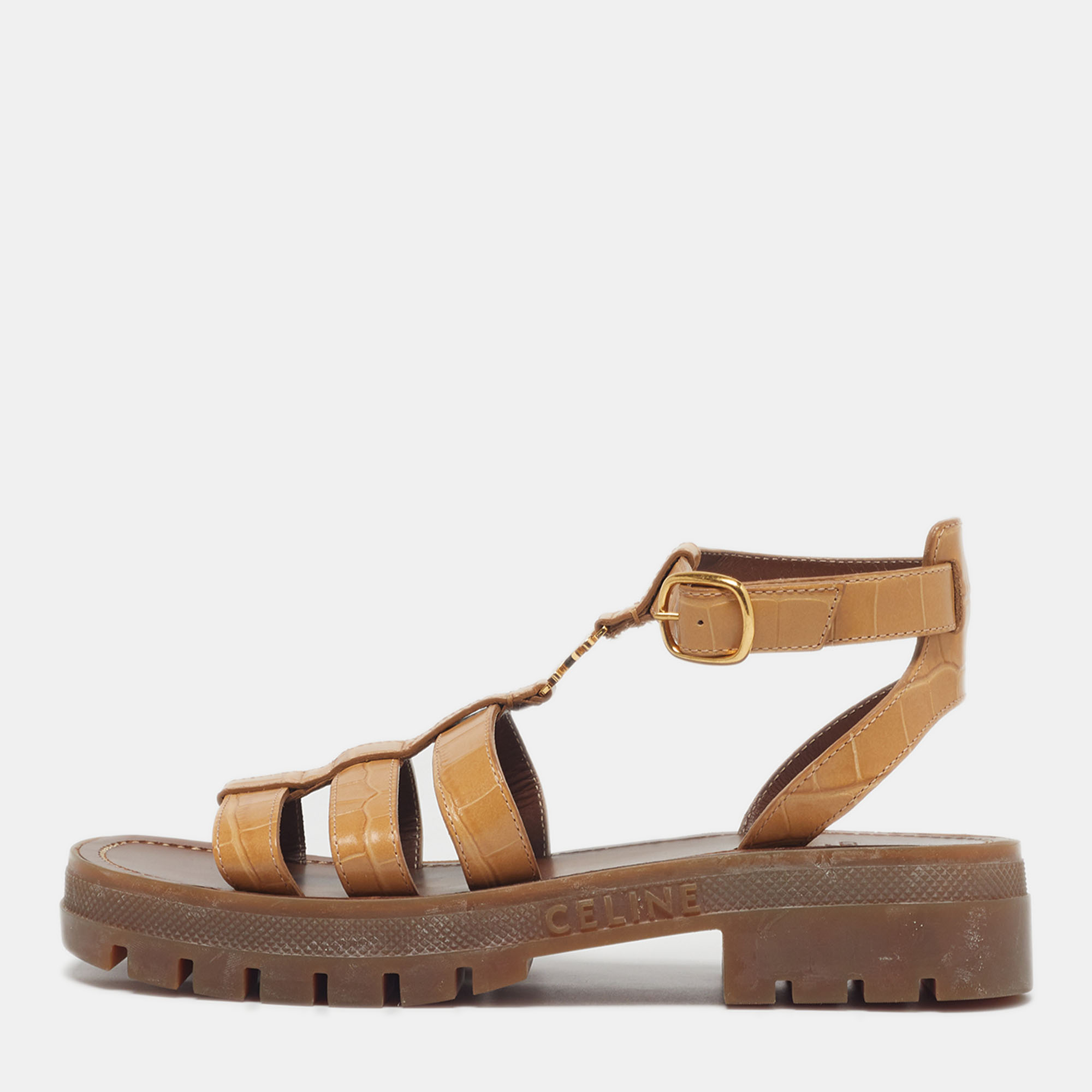 Celine Triomphe Size 38 Beige Croc Embossed Leather Gladiator Sandals