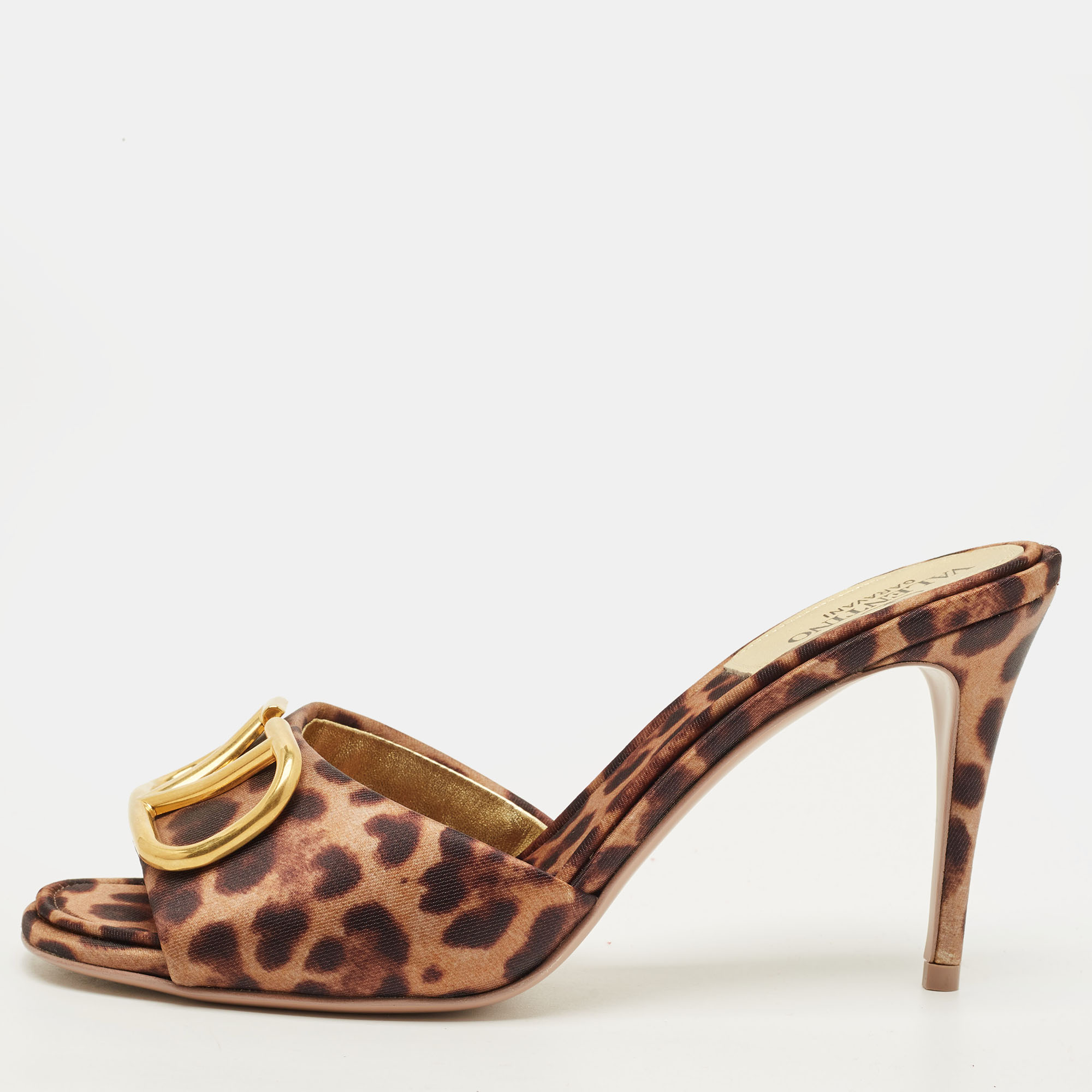 Valentino Escape V logo Size 38.5 Brown Leopard Print Fabric Slide Sandals