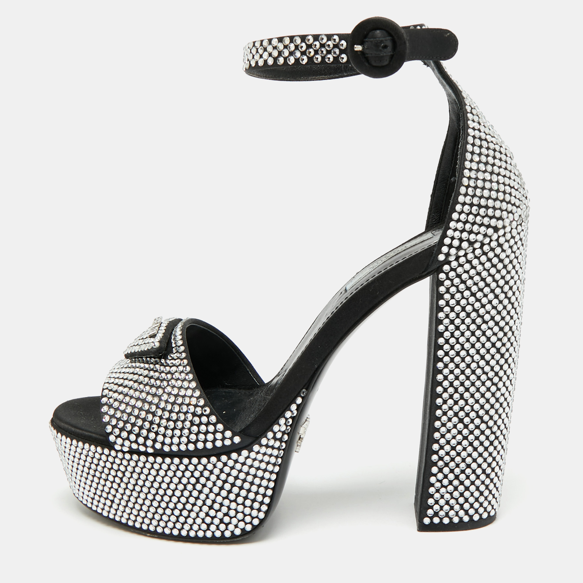 Prada Size 38 Black Satin Crystal Embellished Platform Ankle Strap Sandals