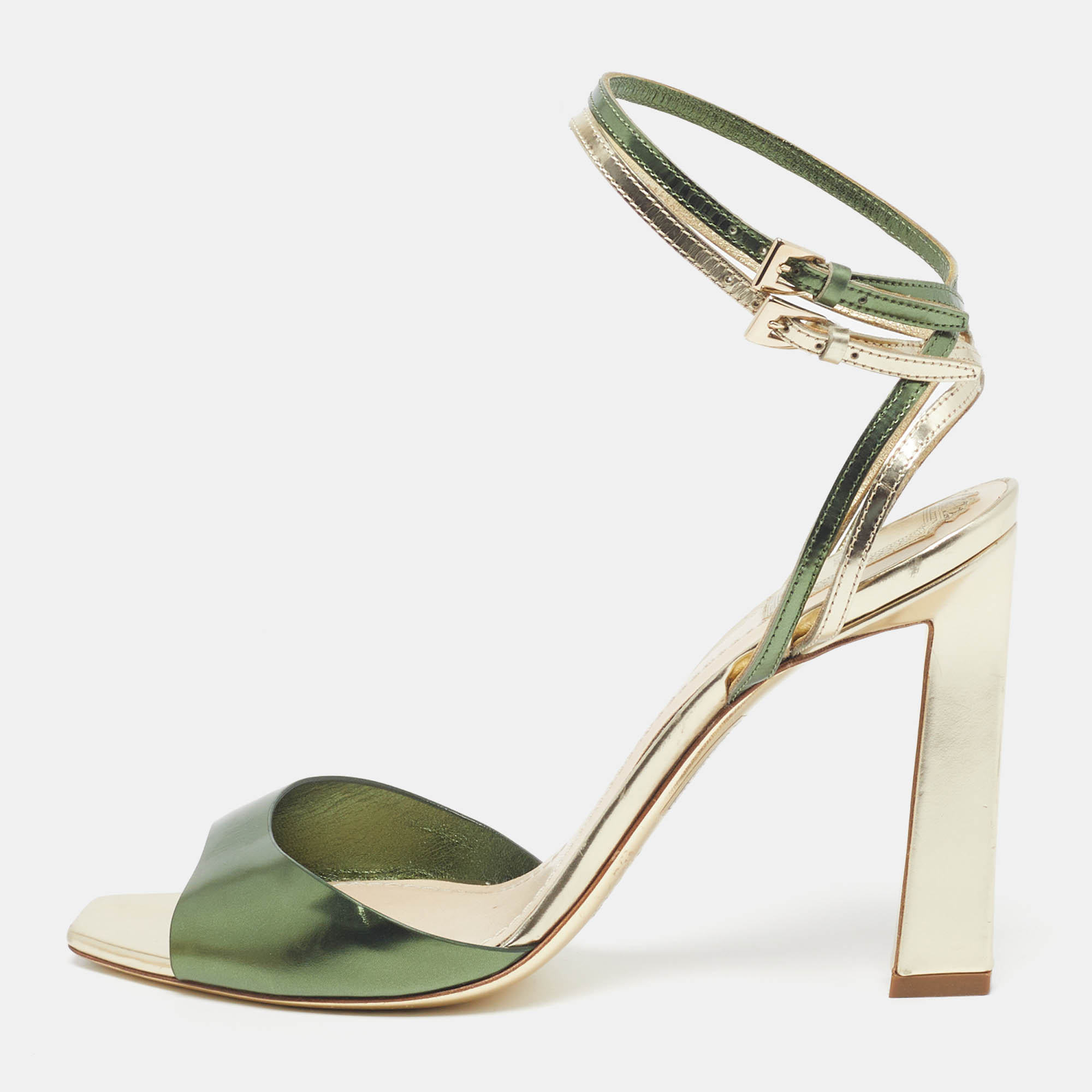 Dior Size 38 Green/Gold Leather Ankle Strap Sandals