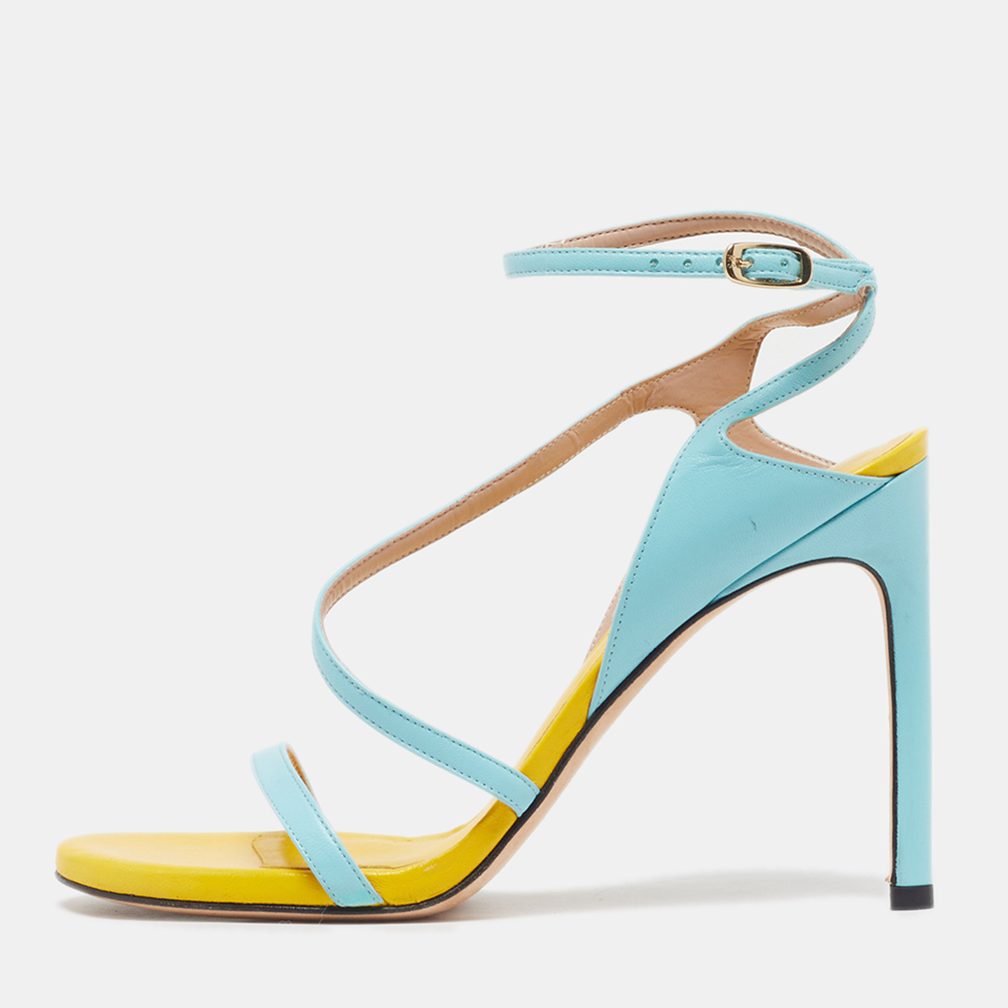 Stuart Weitzman Nudistcurve Size 38.5 Blue/Yellow Leather Ankle Strap Sandals