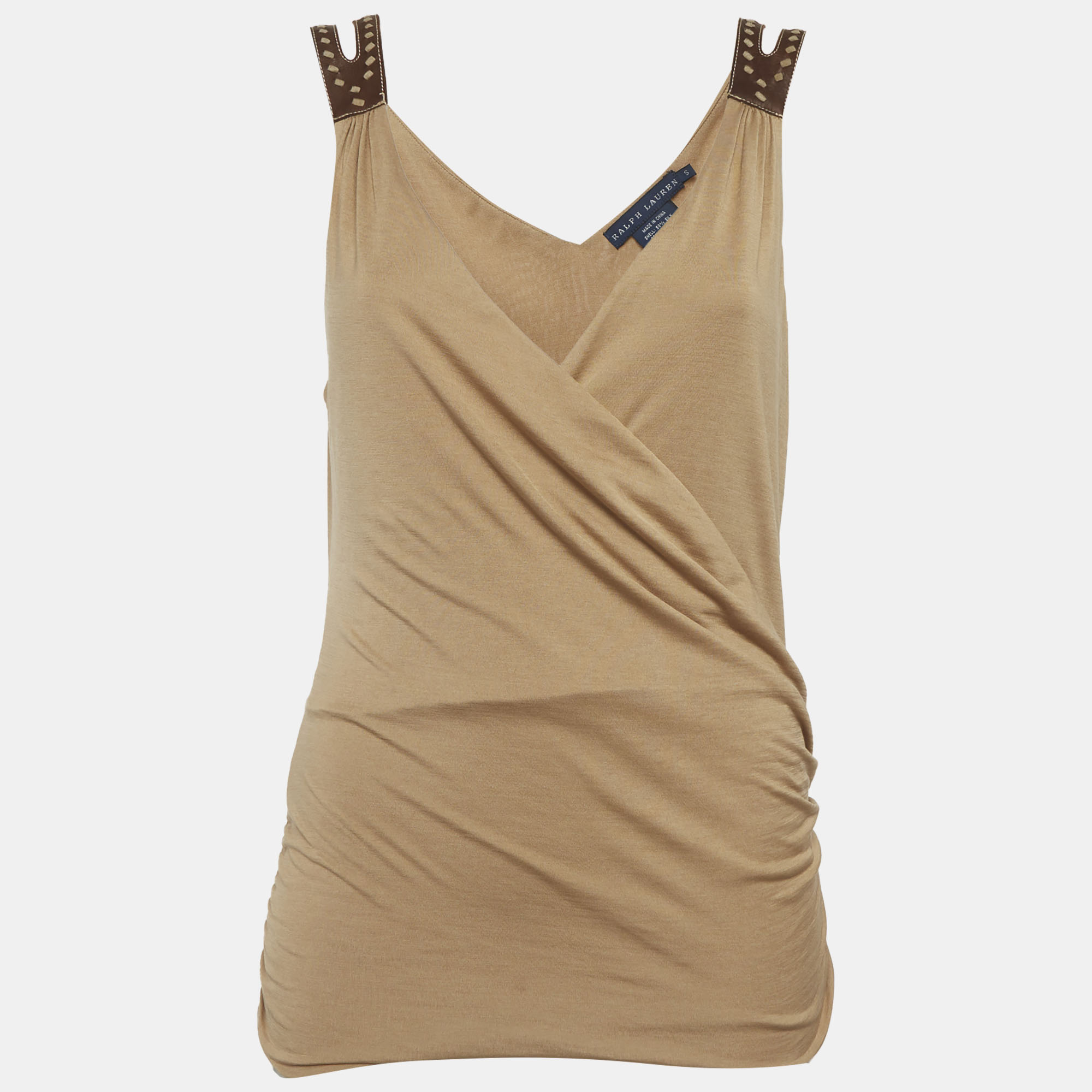 Ralph Lauren Brown Jersey and Leather Draped Top S