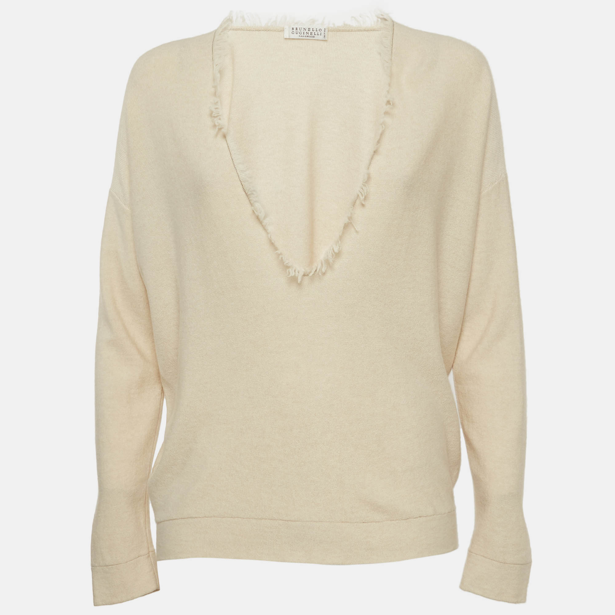 Brunello Cucinelli Cream Cashmere V-Neck Top M