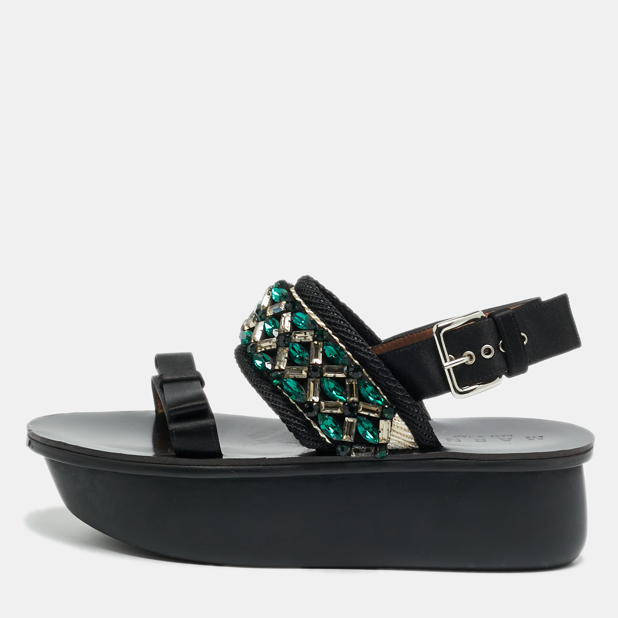 Marni Size 38 Black Satin Crystal Embellished  Slingback Sandals
