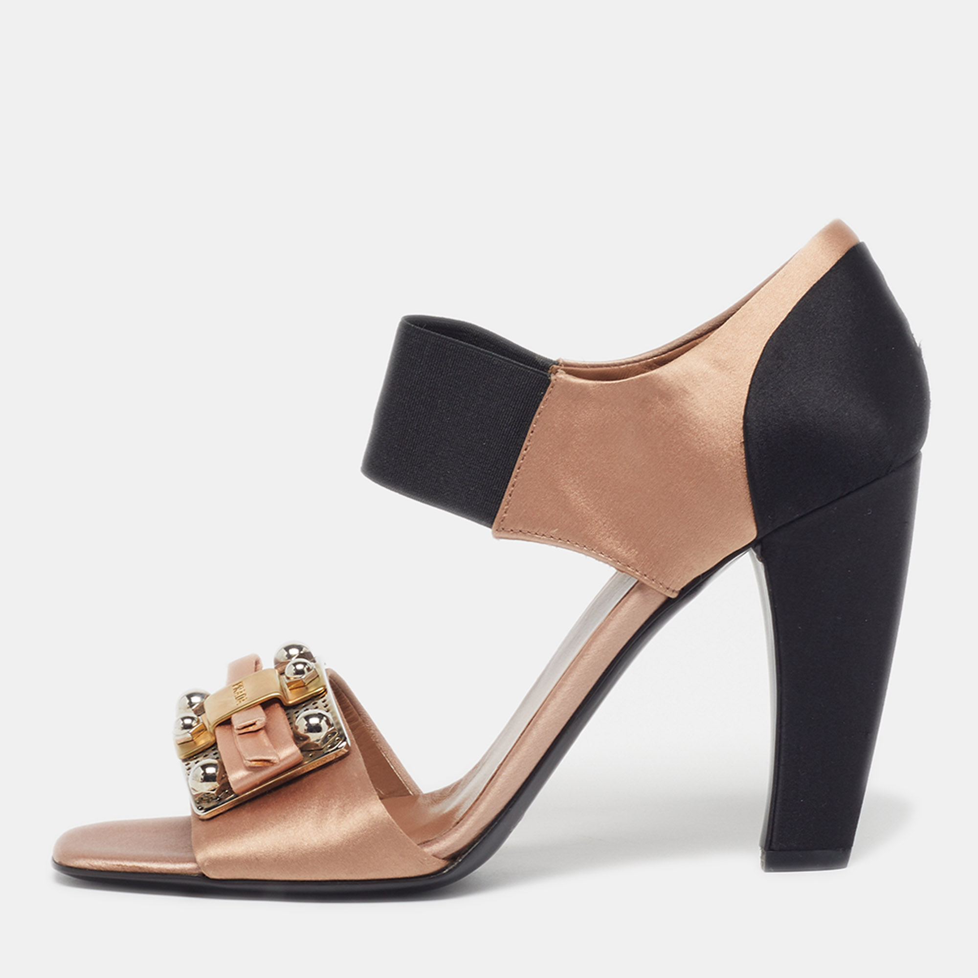 Prada Size 37.5 Gold/Black Satin Embellished Ankle Strap Sandals