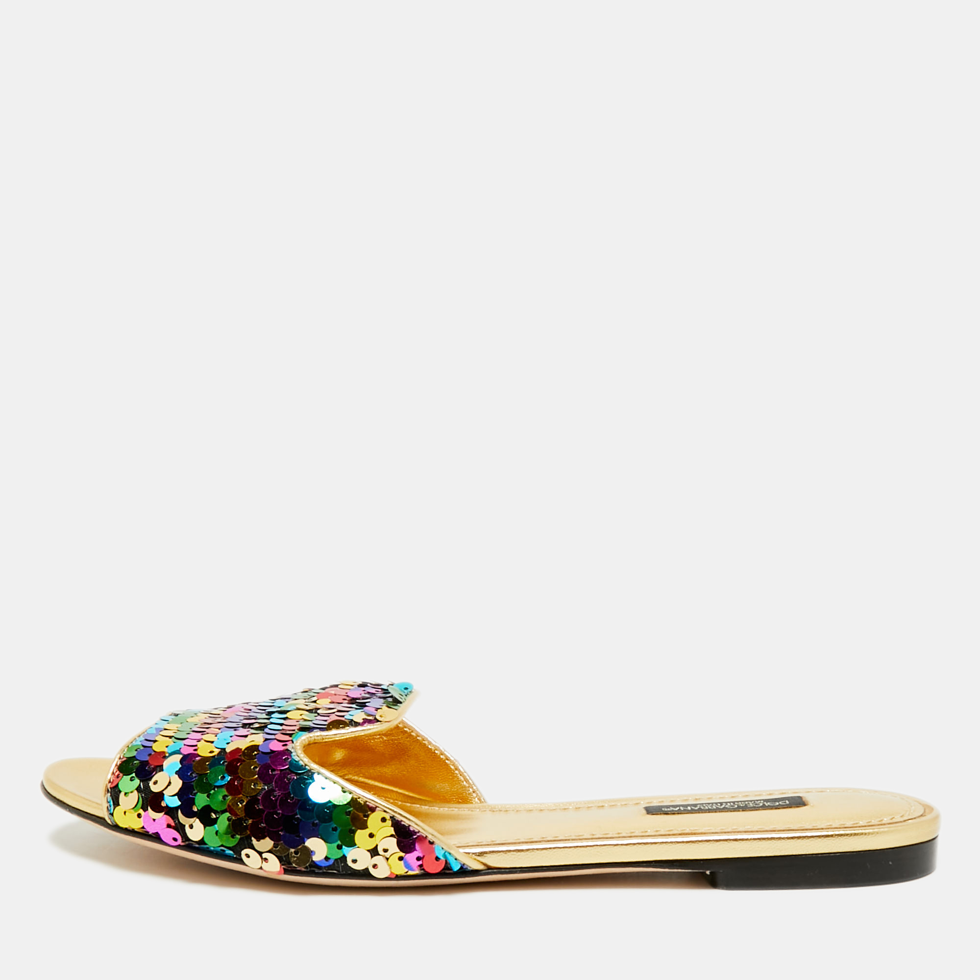 Dolce & Gabbana Bellucci Size 38 Multicolor Leather and Sequins Flat Slides