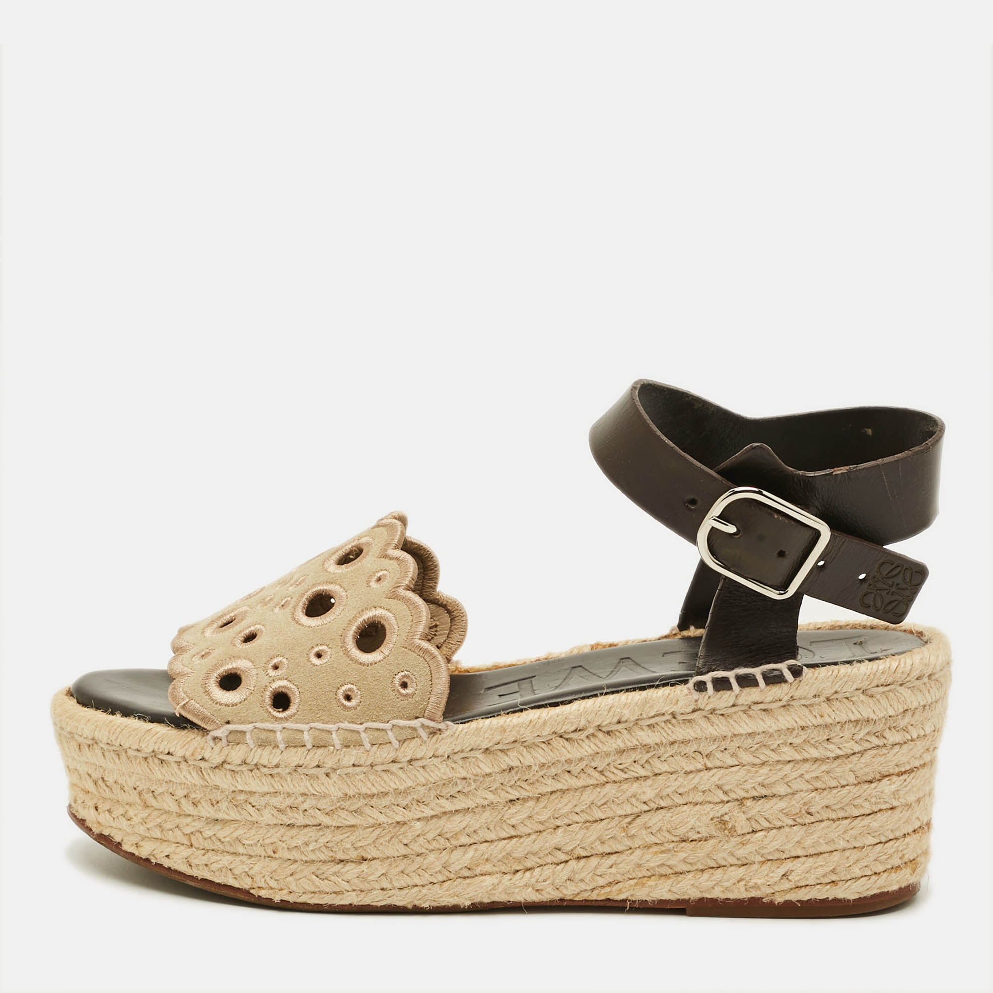 Loewe Size 38 Beige/Brown Leather and Suede Wedge Espadrille Sandals