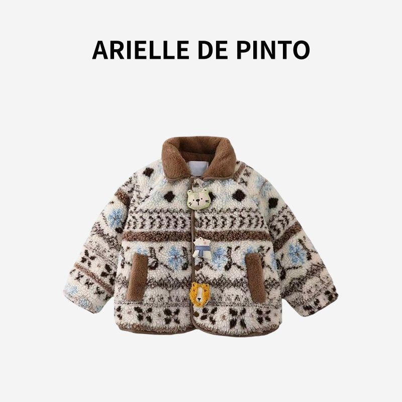 French Arielle De Pinto Winter Cartoon Doll Fleece-Lined Thickened Sweater Jacket for Boys and Girls Curry color 90 gray TAOMall
