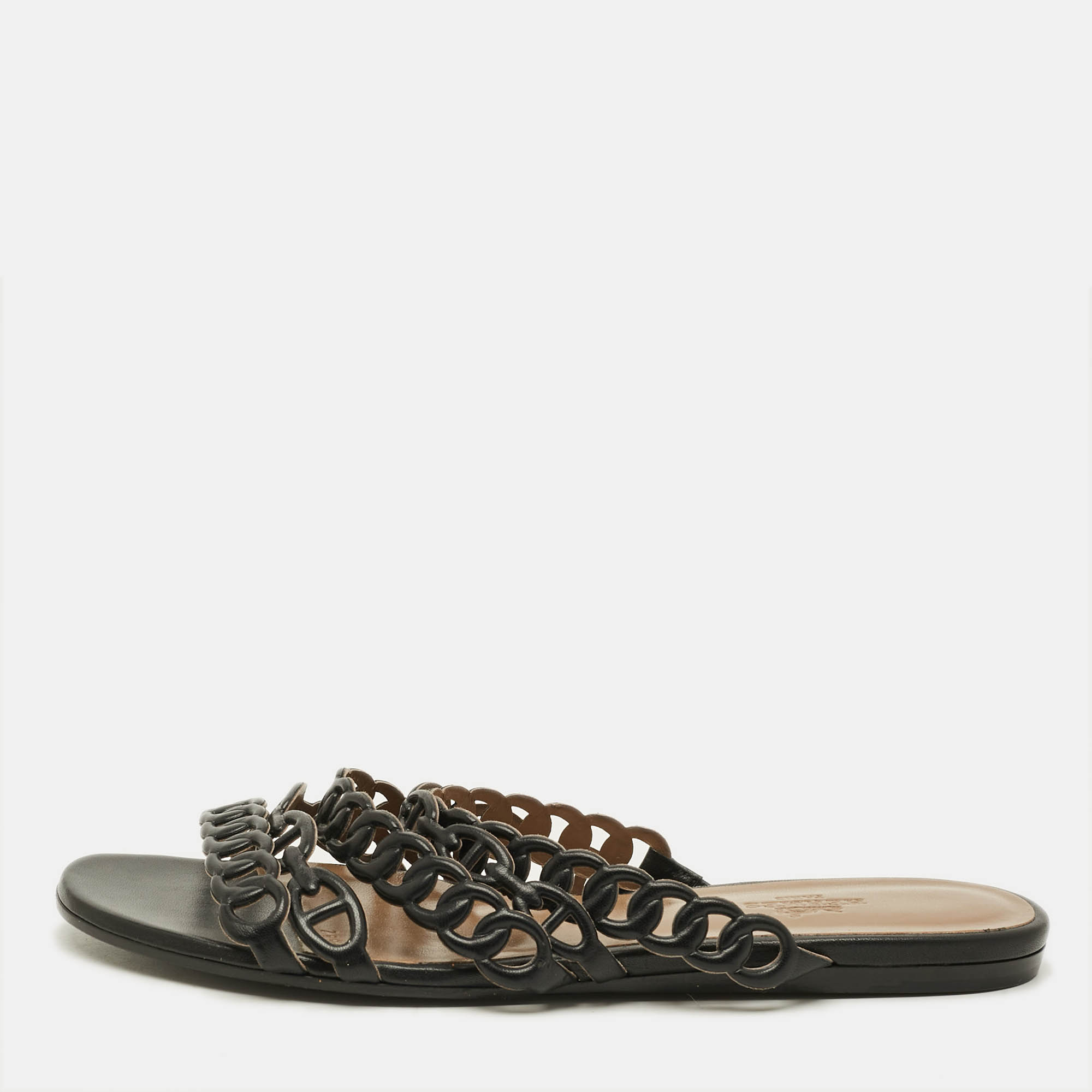 Herm&egrave;s Chaine d'Ancre Rivage Size 36 Black Leather Flat Slide Hermes