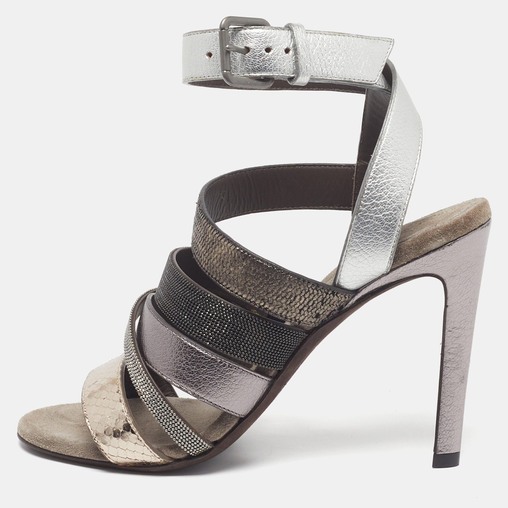 Brunello Cucinelli Size 36.5 Silver Leather and Snakeskin Embossed Ankle Strap Sandals