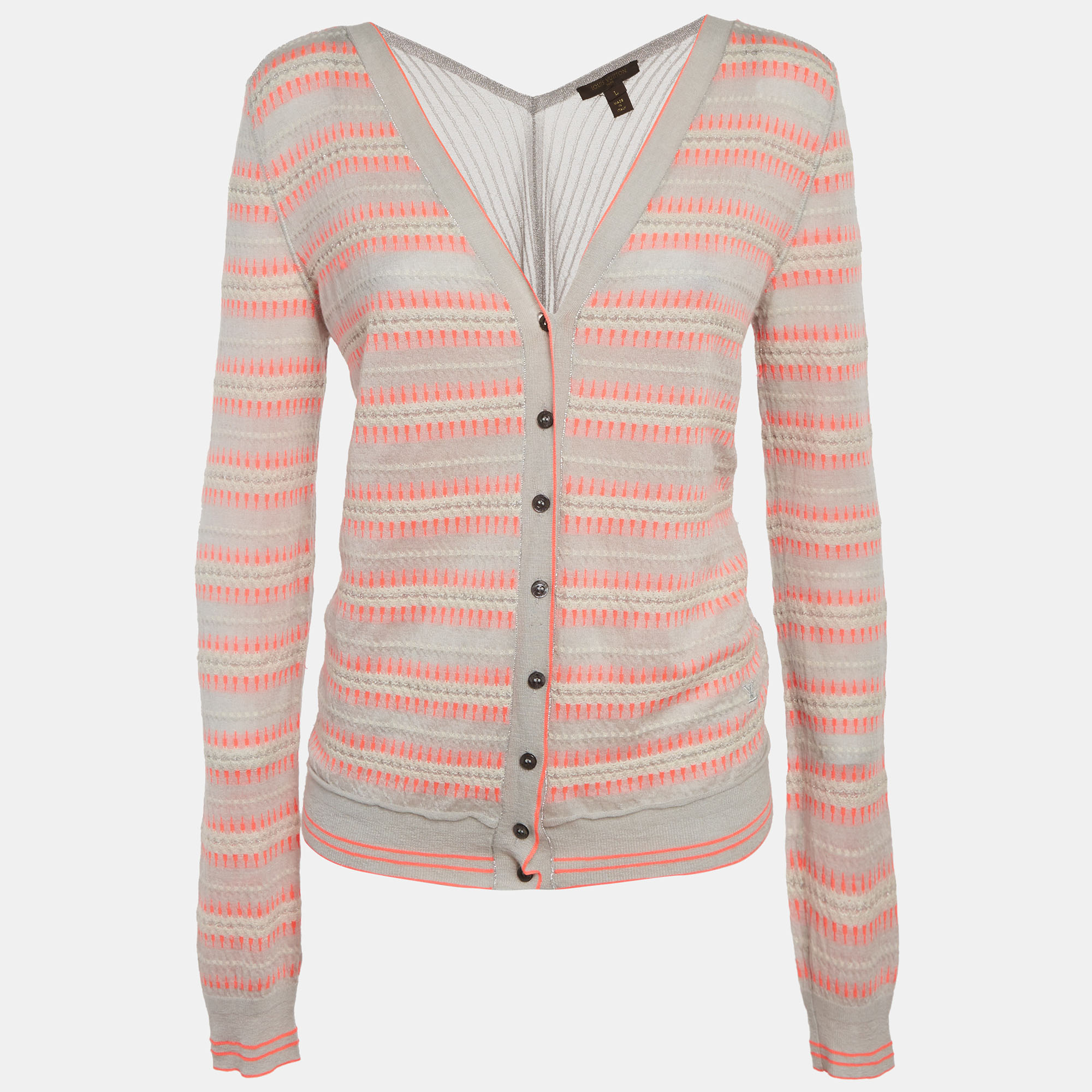 Louis Vuitton Grey/Pink Lurex Knit Cardigan L