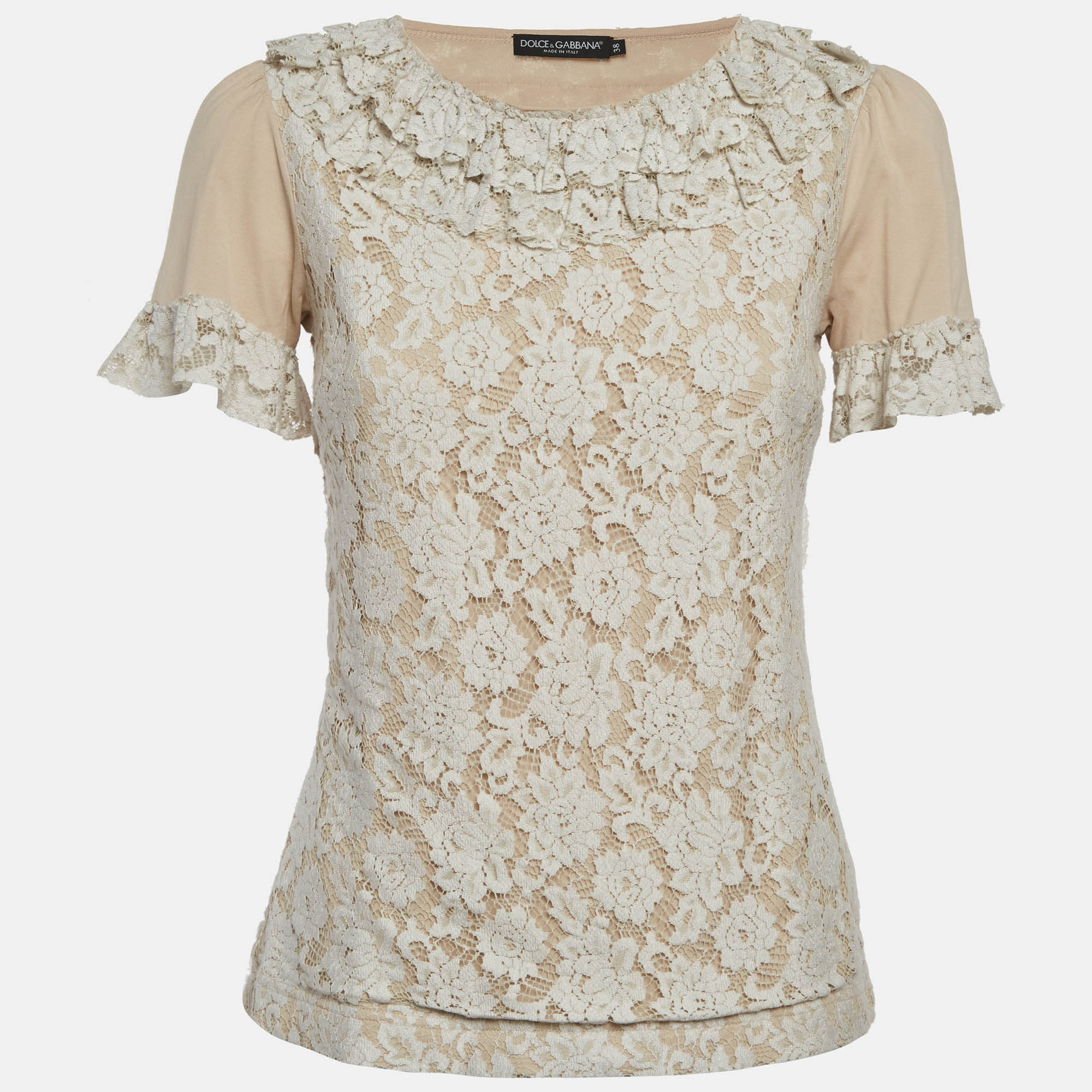 Dolce & Gabbana Beige Jersey and Lace Ruffle Top S