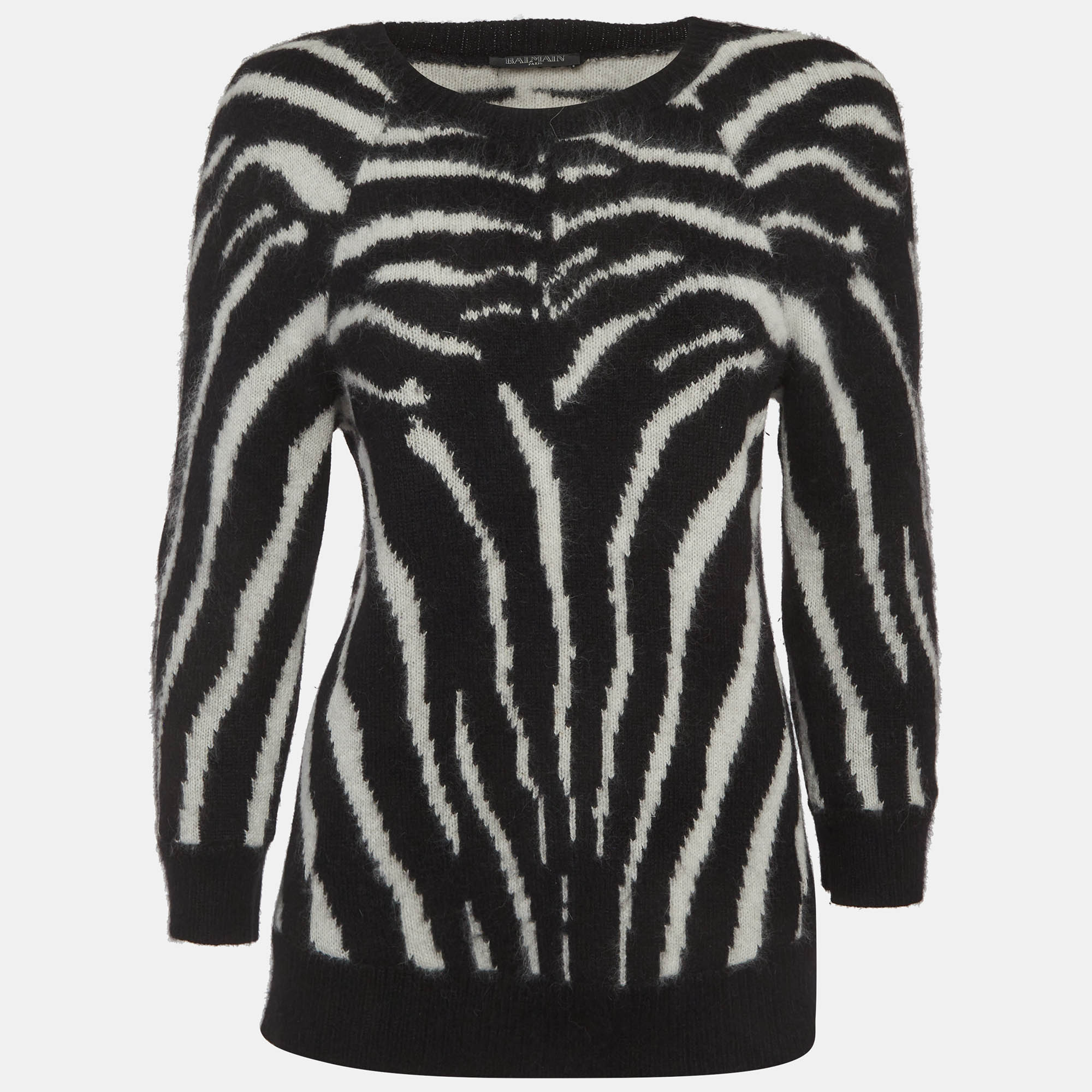 Balmain Black/White Zebra Print Wool Knit Raglan Sleeve Sweater S