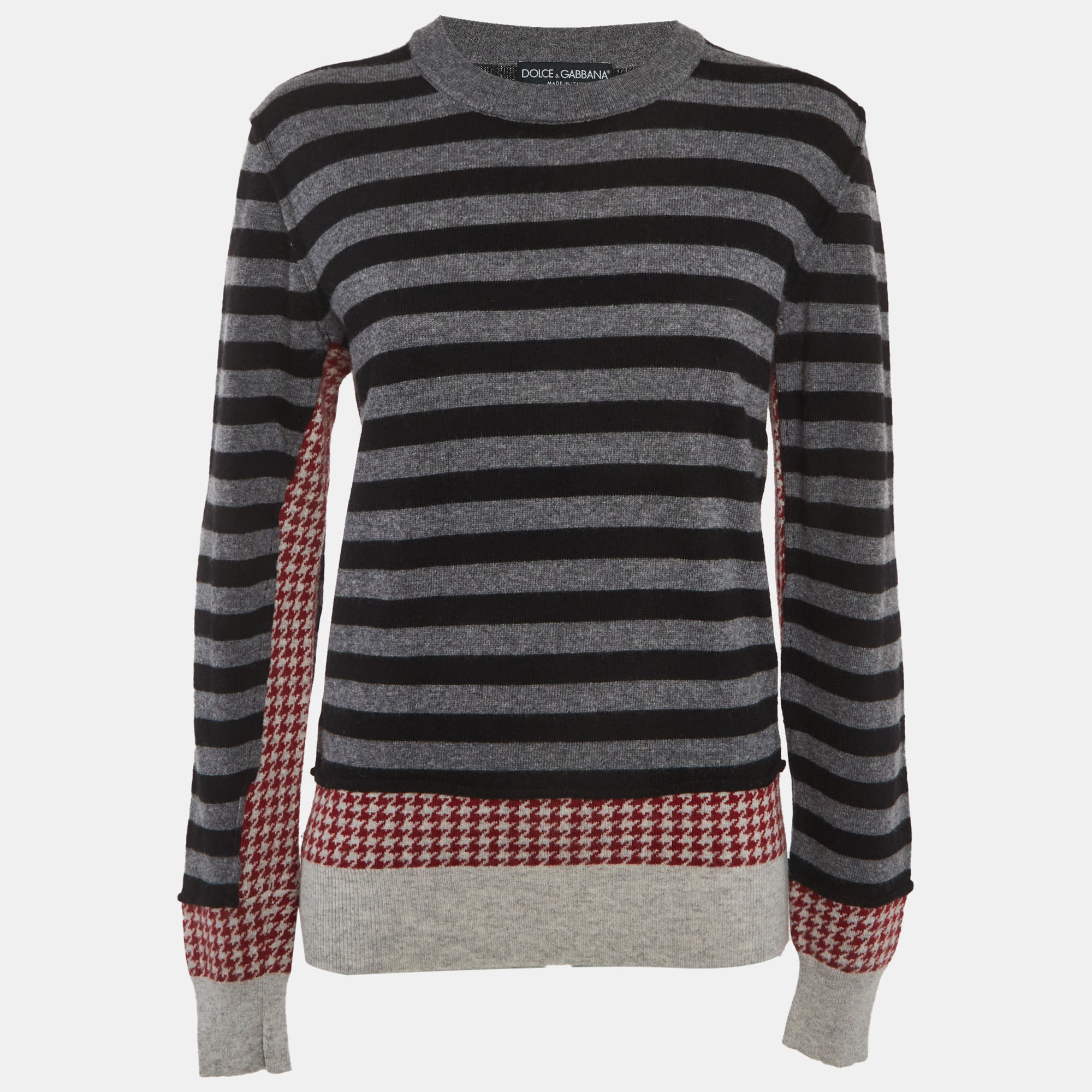 Dolce & Gabbana Grey Striped and Houndstooth Knit Jacquard Sweater L