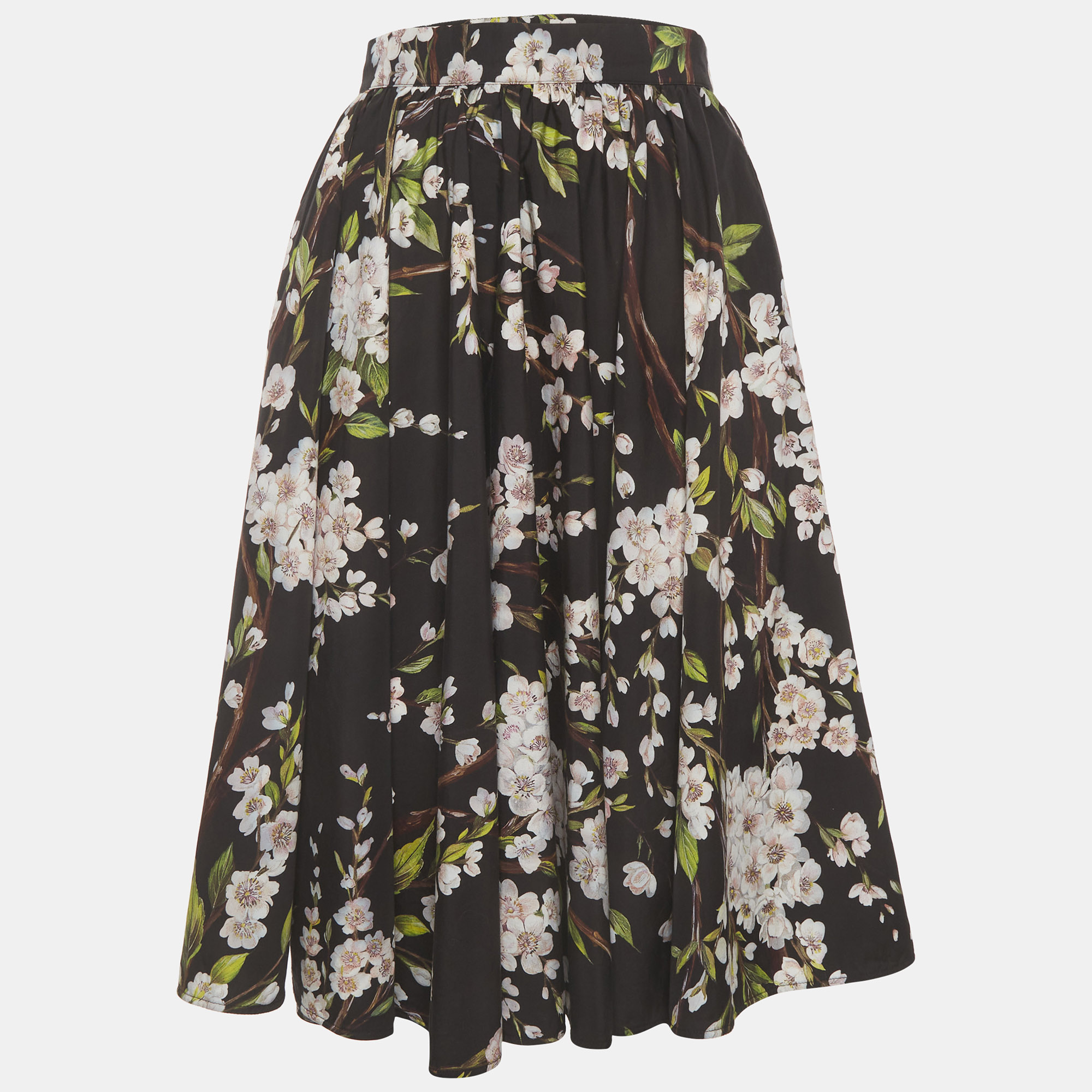 Dolce and Gabbana Black Floral Print Poplin Gathered Skirt S Dolce & Gabbana